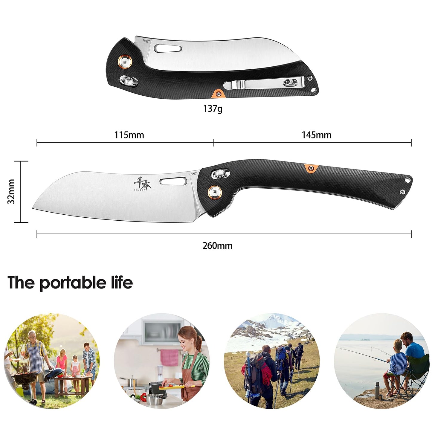 SENBON 440 Stainless Steel Lightweight Ultra Sharp Pocket Folding Chef Knife Peeling Utility Knife Fruit Knife g10 Handle with Back Clip