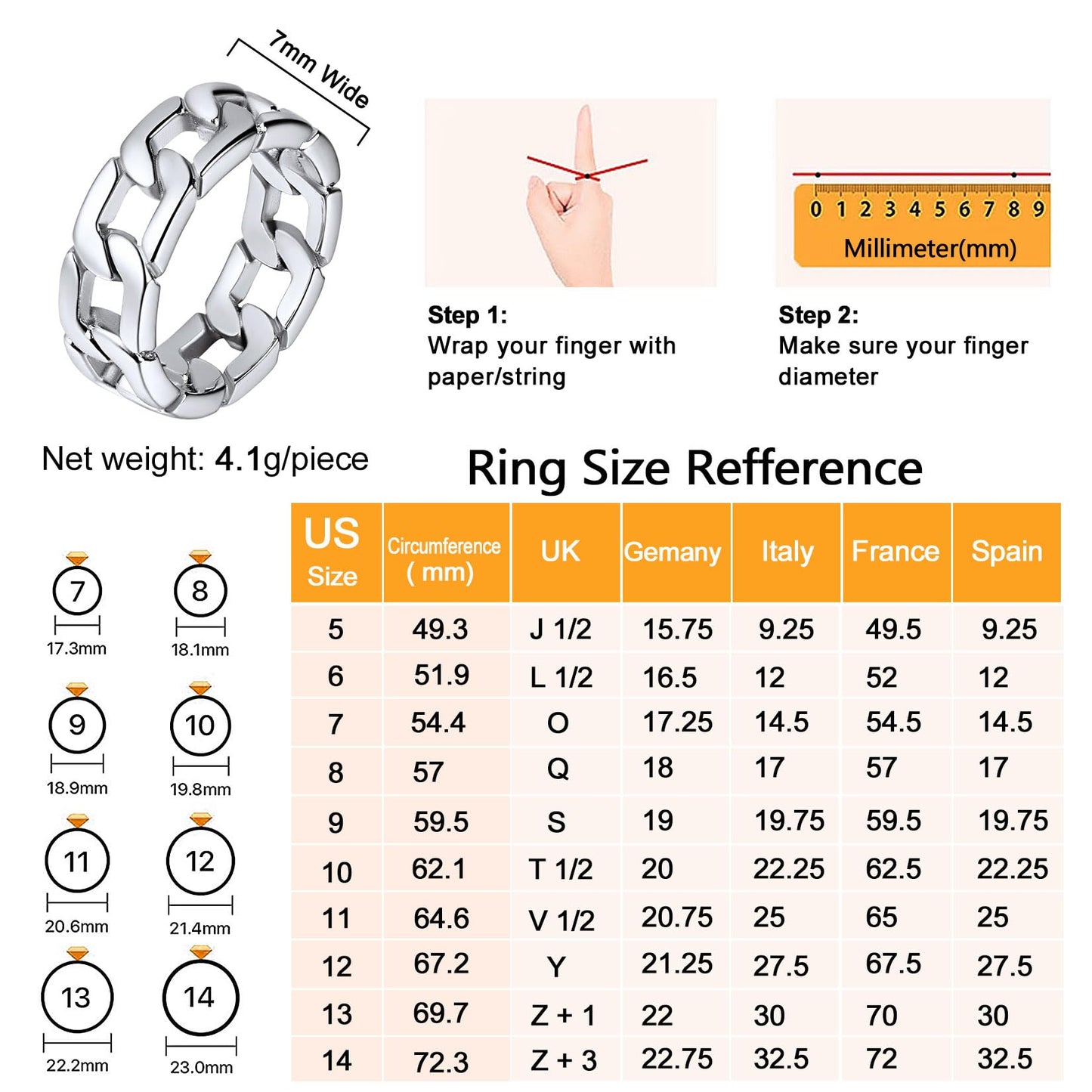 U7 Mens Women Stainless Steel 7mm Wide Band Ring, Hip Hop Thumb Rings Fashion Cuban Link Chain Rings, Size #6-#14 -Color Silver,Black,Gold