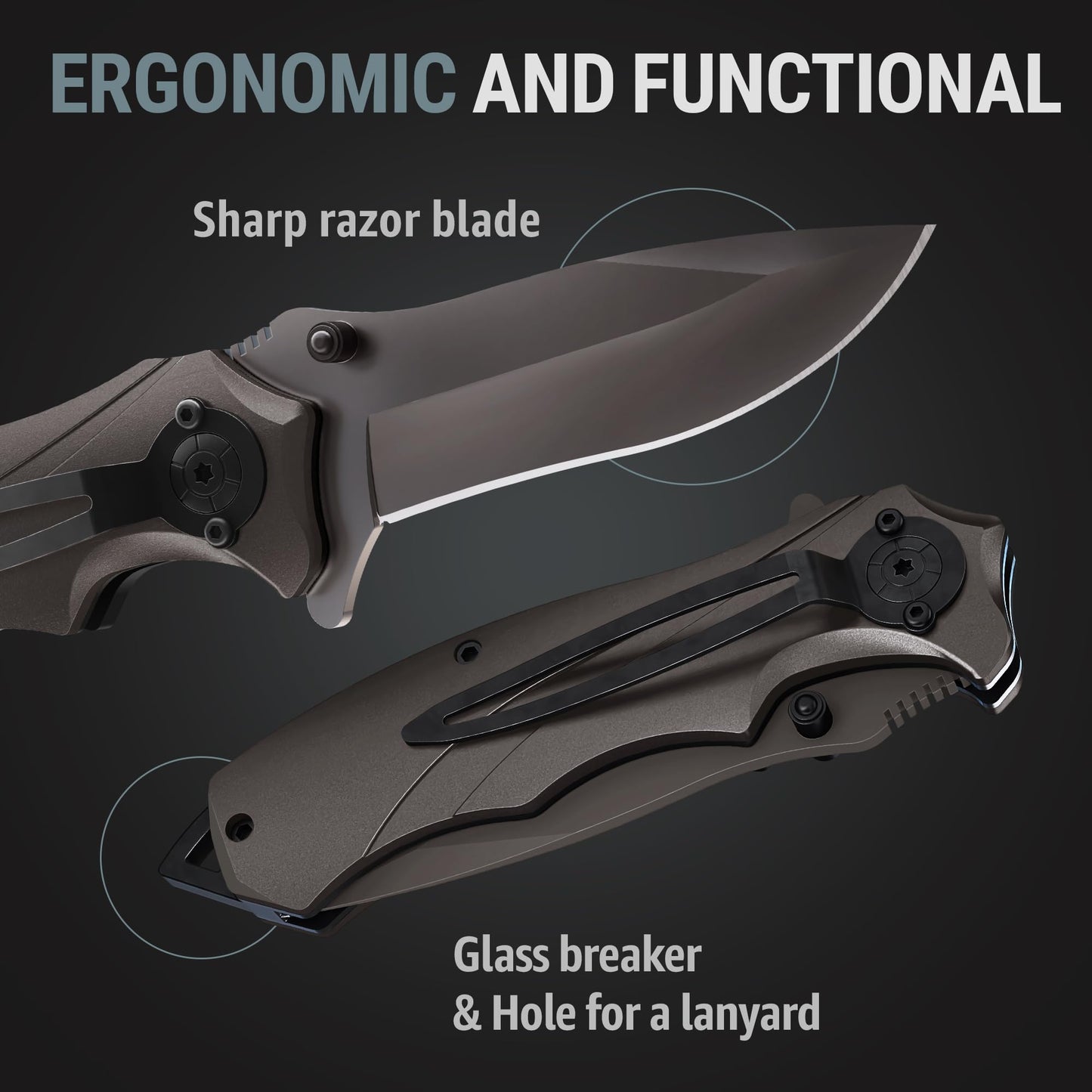 Grand Way Tactical Knife for Men - Black Pocket Knife - Best Spring Assisted Knife with Glass Breaker and Pocket Clip - Cool Folding Knives for Military Work Camping - Birthday Gifts for Dad 6495 B