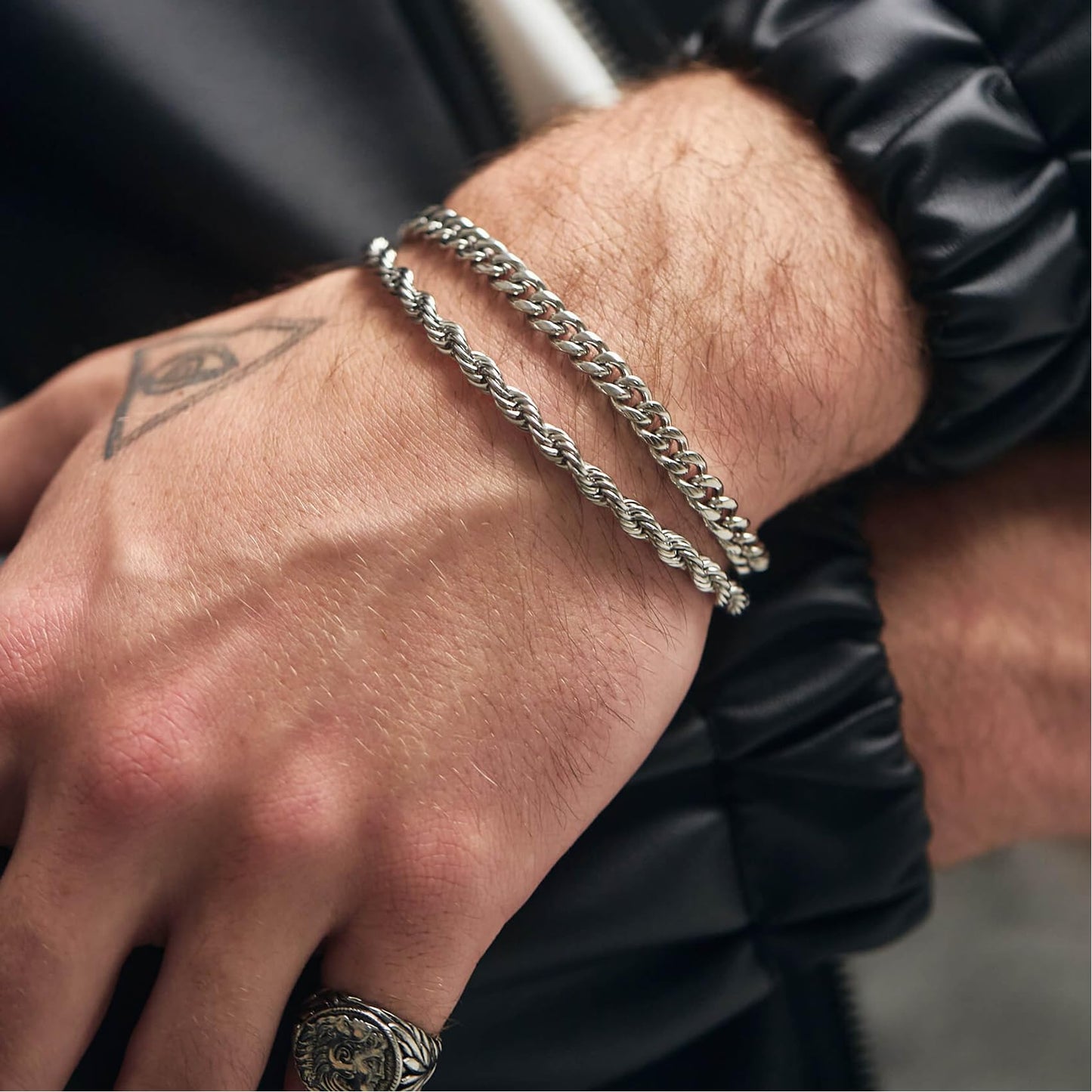 RANKEEF 2 Pcs Chain Bracelet for Men - 925 Sterling Silver Bracelet for Men 7-9inch Figaro Rope Cuban Link Bracelet Set for Men Gifts to Men Dad Husband Boyfriend