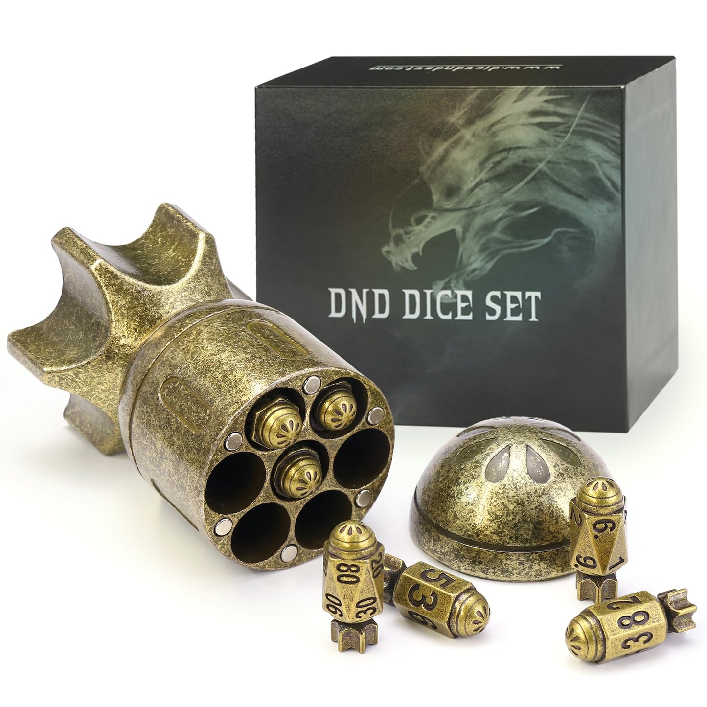 ZHOORQI DND Metal Dice Set with Spinning Missile Dice Container, Bullet Dice Cyberpunk Polyhedral Dice for Warhammer 40K, RPG, D&D Gifts（Retro Bronze）