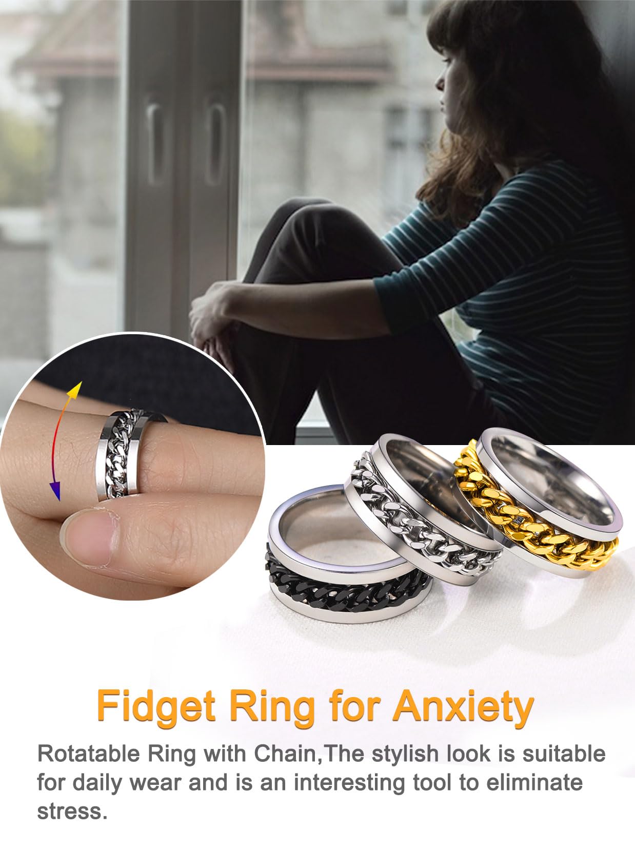U7 Mens Women Stainless Steel 7mm Wide Band Ring, Hip Hop Thumb Rings Fashion Cuban Link Chain Rings, Size #6-#14 -Color Silver,Black,Gold