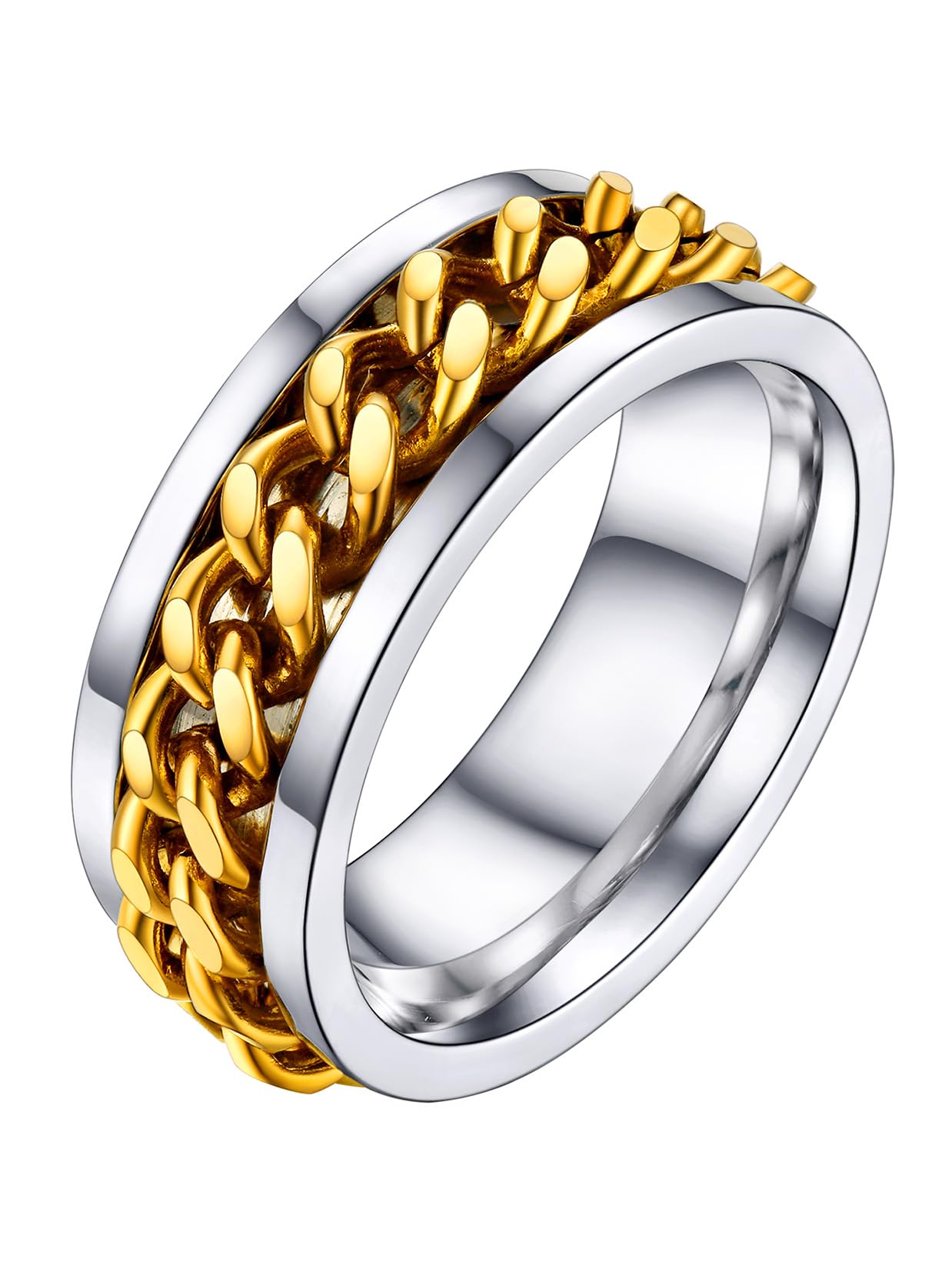 U7 Mens Women Stainless Steel 7mm Wide Band Ring, Hip Hop Thumb Rings Fashion Cuban Link Chain Rings, Size #6-#14 -Color Silver,Black,Gold