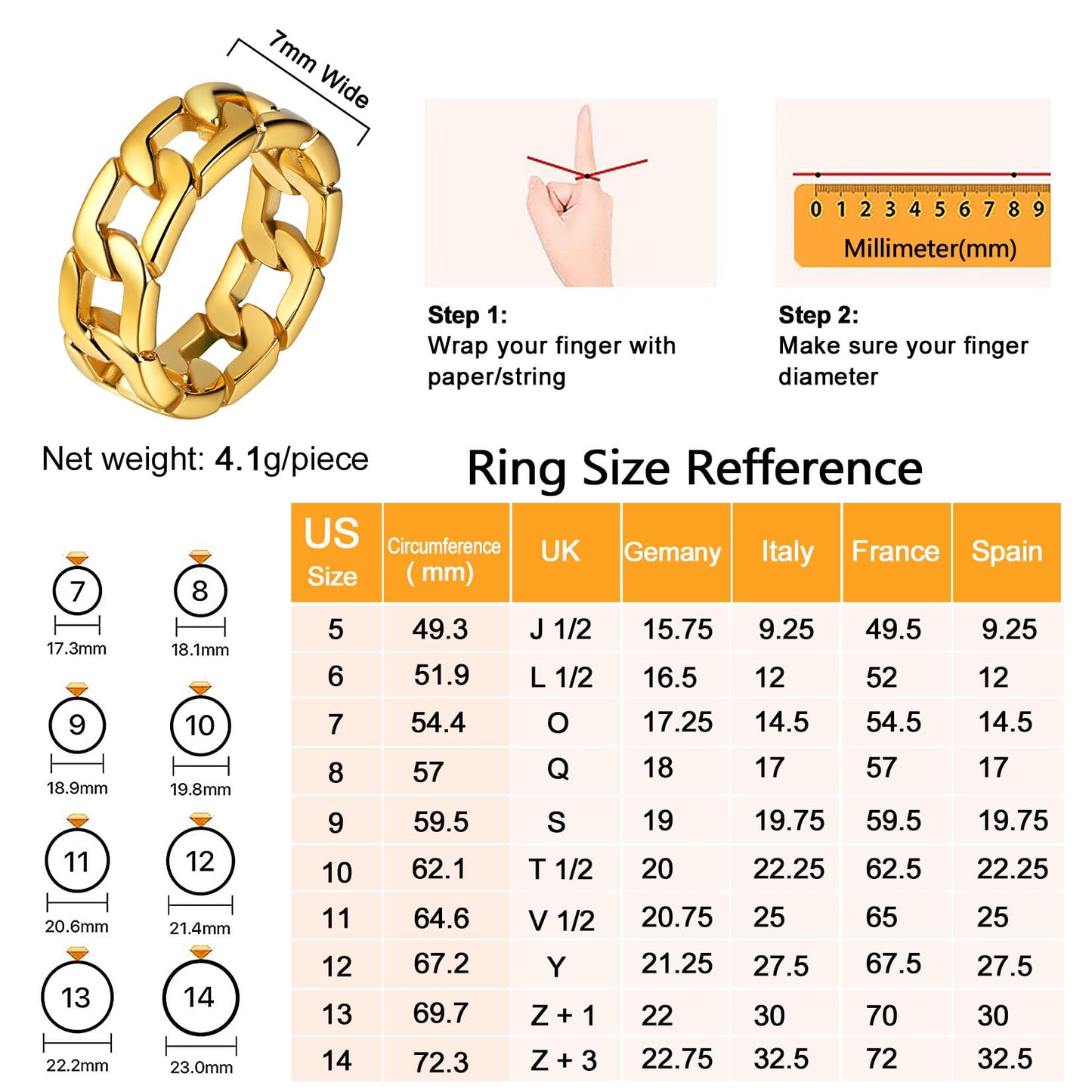U7 Mens Women Stainless Steel 7mm Wide Band Ring, Hip Hop Thumb Rings Fashion Cuban Link Chain Rings, Size #6-#14 -Color Silver,Black,Gold