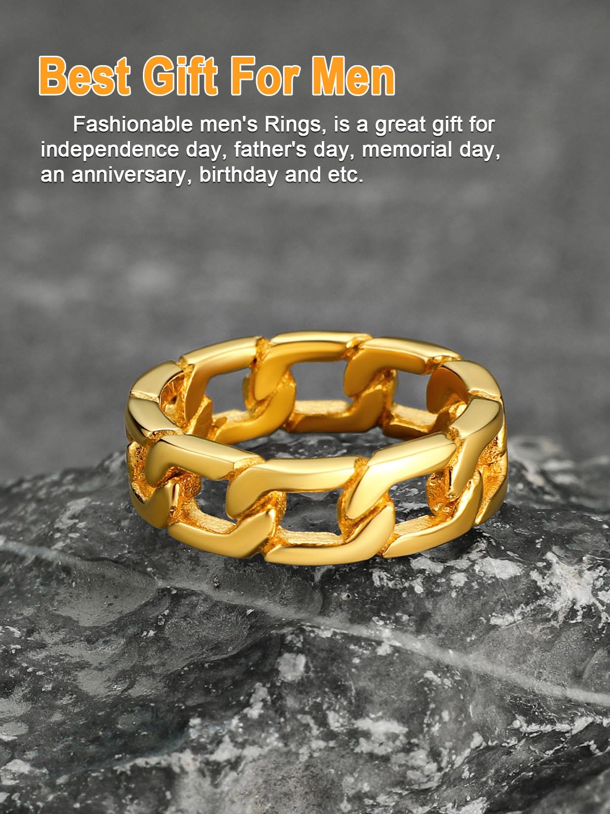 U7 Mens Women Stainless Steel 7mm Wide Band Ring, Hip Hop Thumb Rings Fashion Cuban Link Chain Rings, Size #6-#14 -Color Silver,Black,Gold