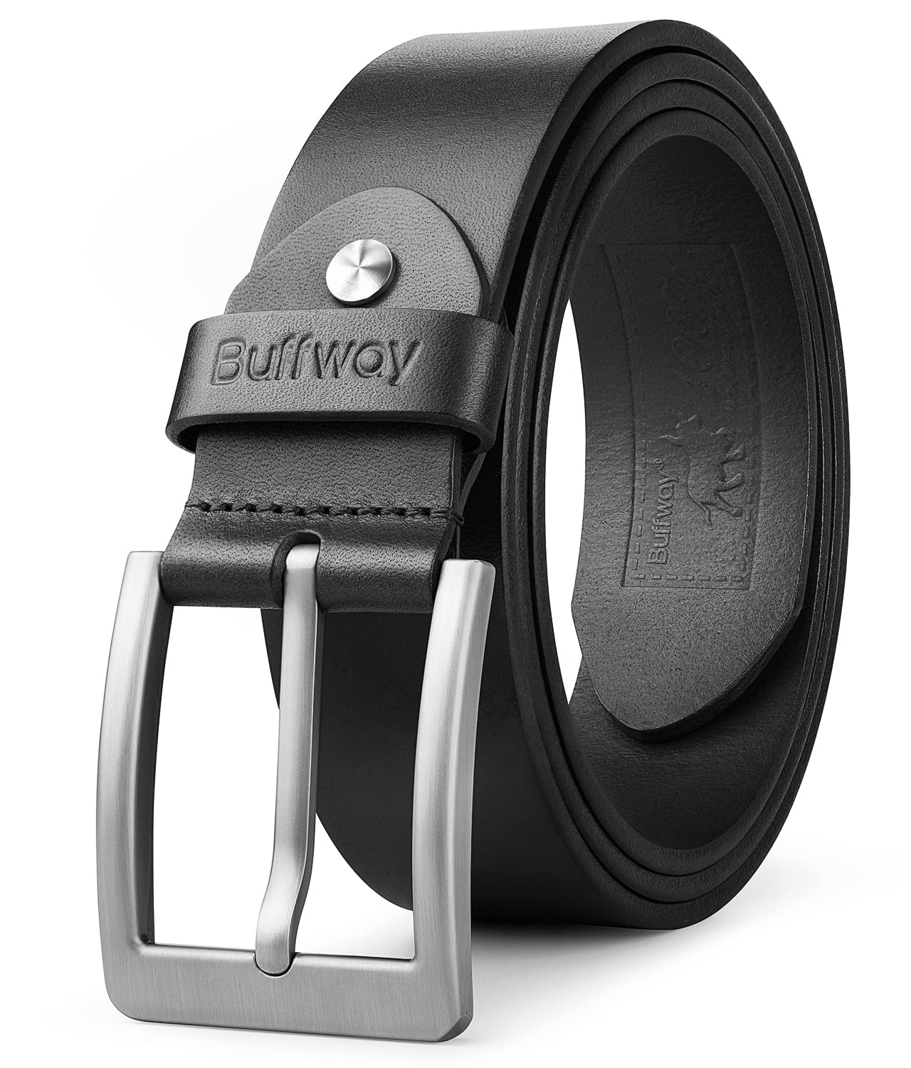 Buffway Minimalist 1.5" Full Grain Leather Belts for Men with Metal Buckle, Heavy Duty Mens Casual Belts in Gift Box