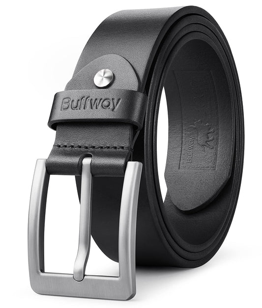 Buffway Minimalist 1.5" Full Grain Leather Belts for Men with Metal Buckle, Heavy Duty Mens Casual Belts in Gift Box