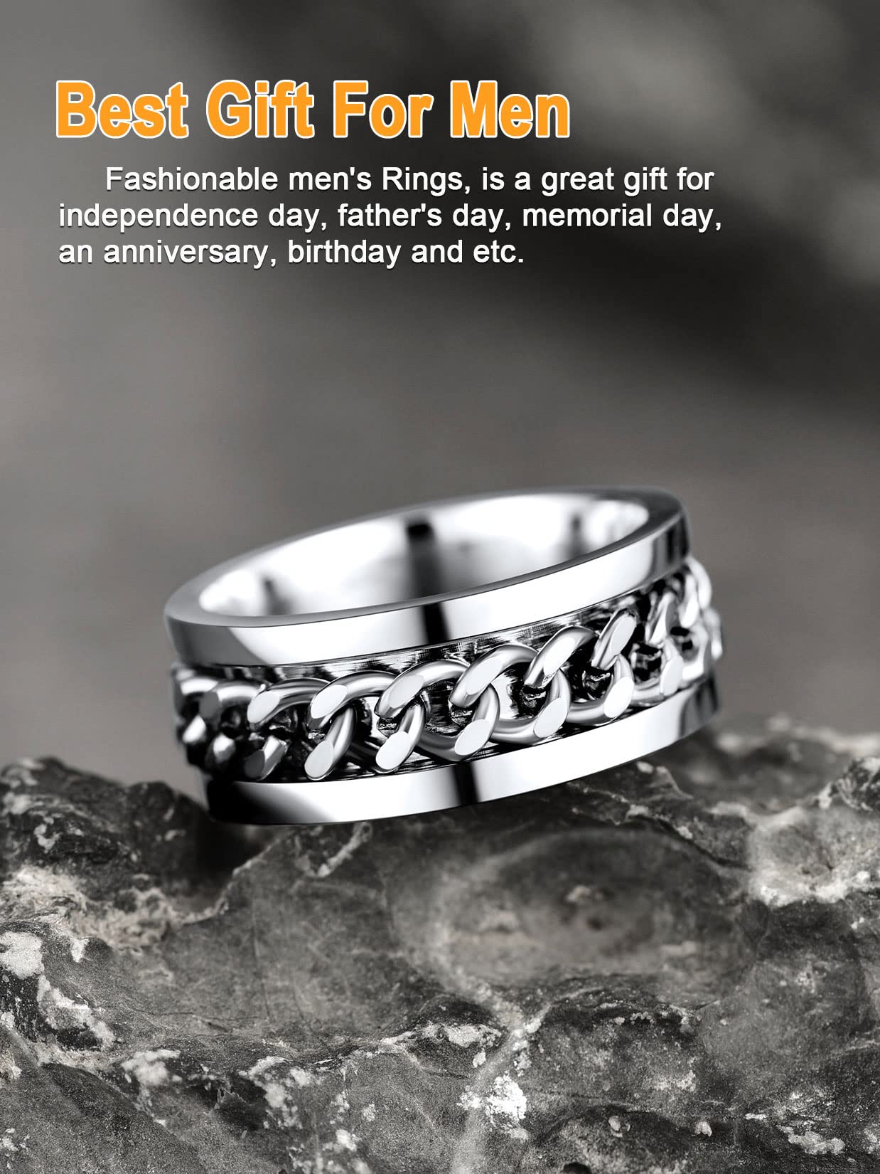 U7 Mens Women Stainless Steel 7mm Wide Band Ring, Hip Hop Thumb Rings Fashion Cuban Link Chain Rings, Size #6-#14 -Color Silver,Black,Gold