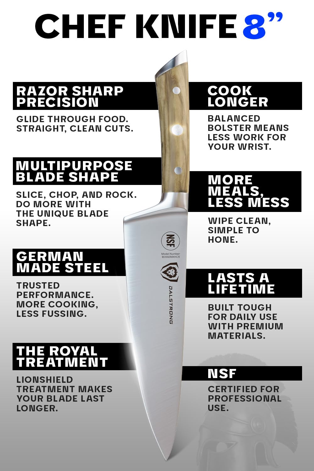 DALSTRONG Chef Knife - 8 inch Blade - Gladiator Series ELITE - Forged HC German Steel Chef's Knife - Razor Sharp Kitchen Knife - Professional Full Tang Knife - Black G10 Handle - Sheath -NSF Certified
