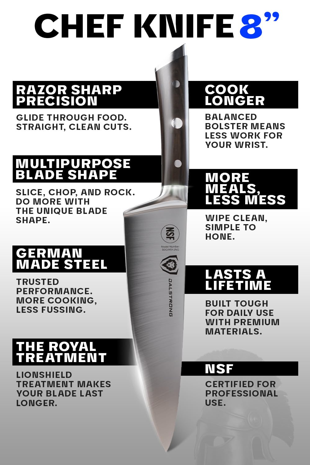 DALSTRONG Chef Knife - 8 inch Blade - Gladiator Series ELITE - Forged HC German Steel Chef's Knife - Razor Sharp Kitchen Knife - Professional Full Tang Knife - Black G10 Handle - Sheath -NSF Certified