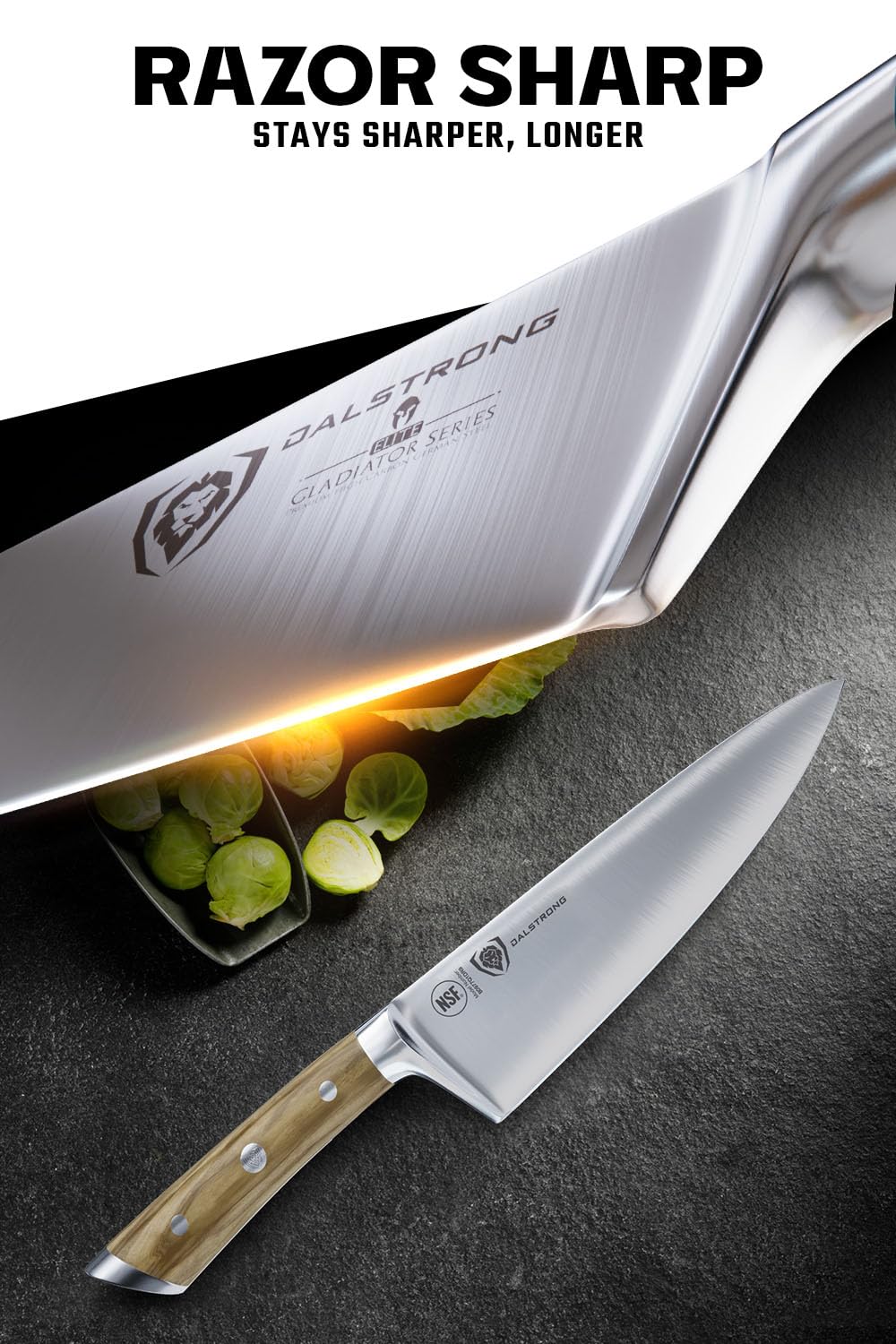 DALSTRONG Chef Knife - 8 inch Blade - Gladiator Series ELITE - Forged HC German Steel Chef's Knife - Razor Sharp Kitchen Knife - Professional Full Tang Knife - Black G10 Handle - Sheath -NSF Certified