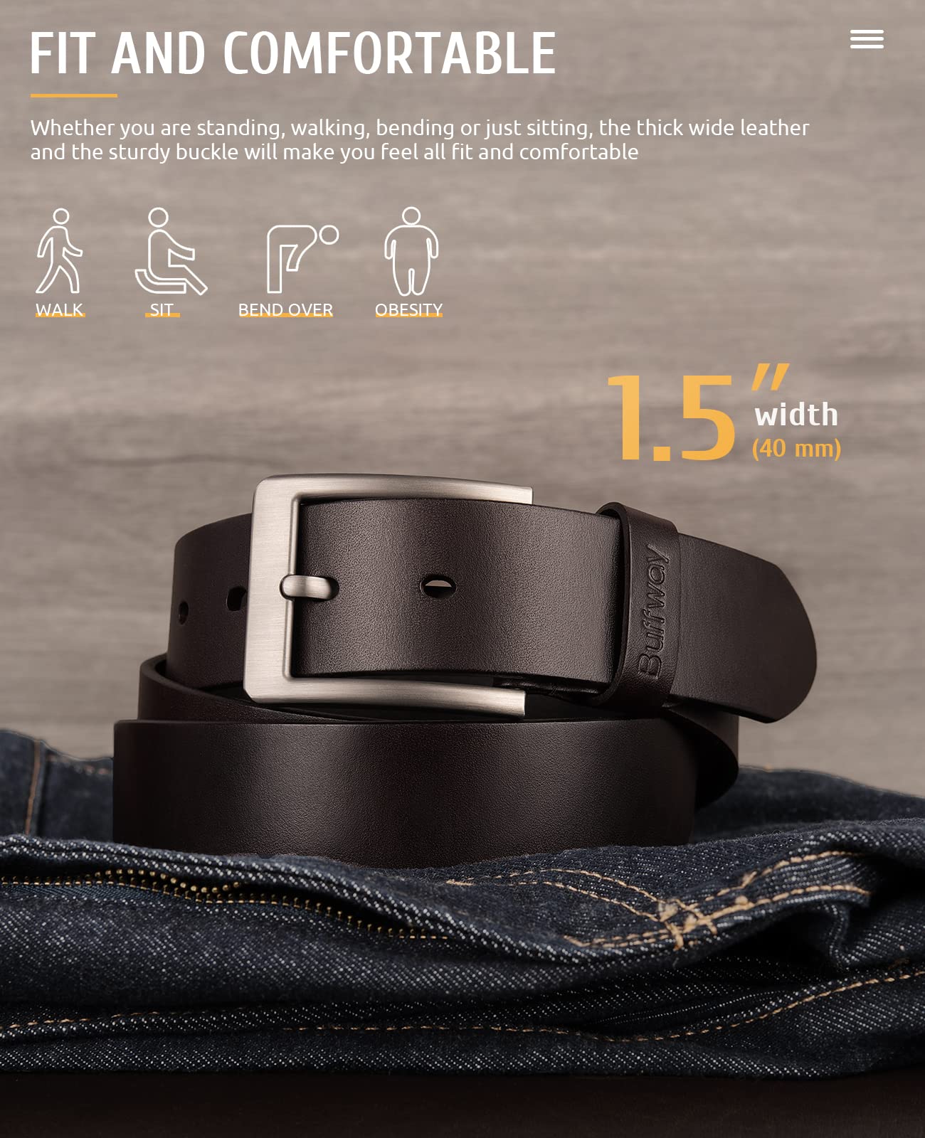 Buffway Minimalist 1.5" Full Grain Leather Belts for Men with Metal Buckle, Heavy Duty Mens Casual Belts in Gift Box