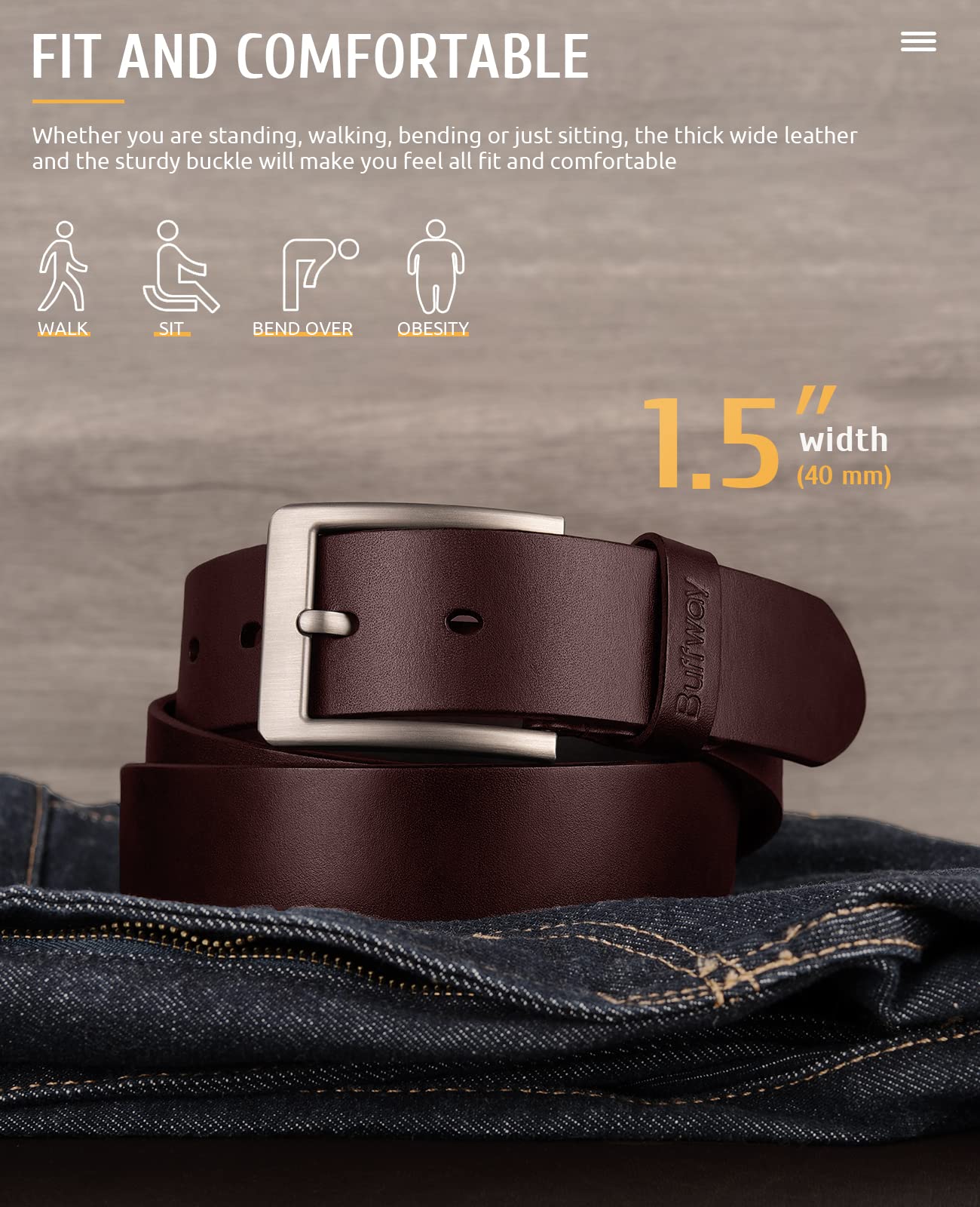 Buffway Minimalist 1.5" Full Grain Leather Belts for Men with Metal Buckle, Heavy Duty Mens Casual Belts in Gift Box