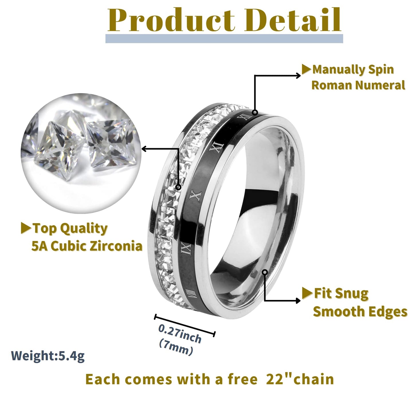 18K Gold Plated Roman Numeral Cubic Zirconia Ring for Women, Square CZ Gold Rings for Men, Spinner Silver Mens Rings Stainless Steel Size 5-13