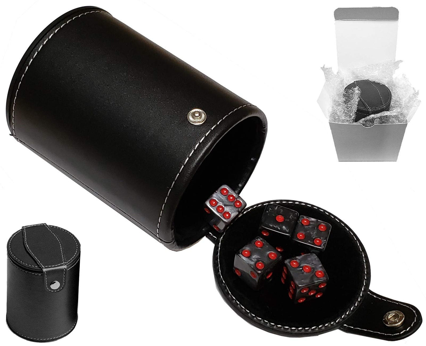 Cyber-Deals Set of 16mm Marbleized Dice and Black PU Leather, Velvet Lined Dice Cup with Storage Compartment (Gift Boxed) (Pearl Dice, Black Lining Cup)
