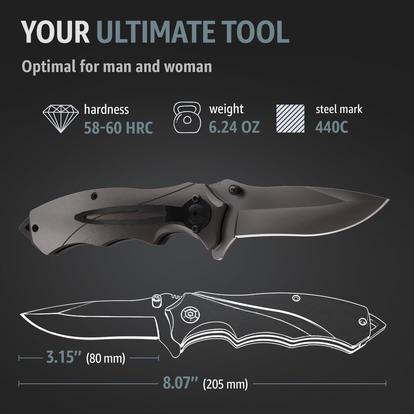 Grand Way Tactical Knife for Men - Black Pocket Knife - Best Spring Assisted Knife with Glass Breaker and Pocket Clip - Cool Folding Knives for Military Work Camping - Birthday Gifts for Dad 6495 B
