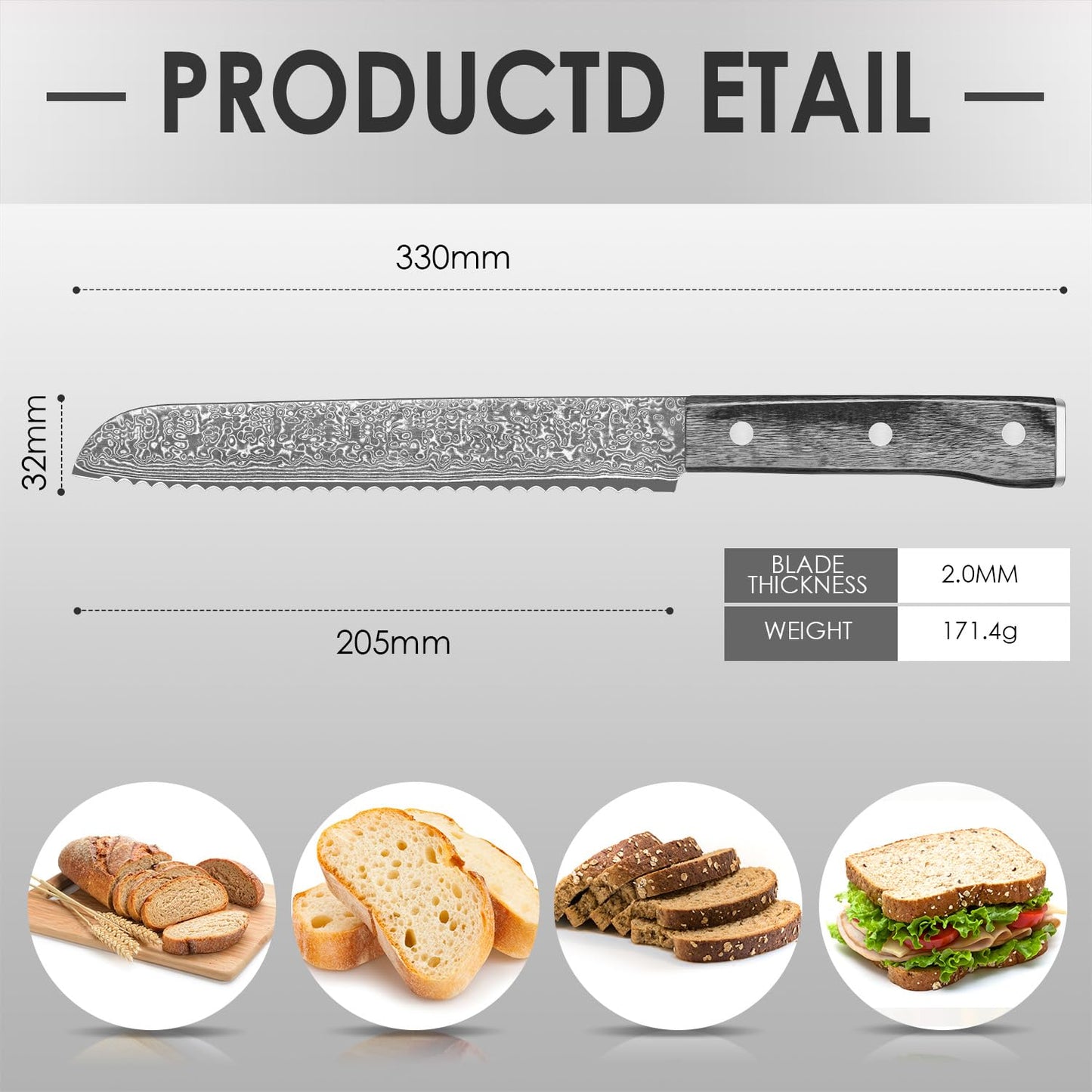 Bread Knife, 10inch Multifunction Serrated Knife, VG10 Damascus Steel Bread Cutting Knife for Homemade Bread, Razor Sharp Edge for Efficient Slicing Sourdough Bread, Bagels, Cake