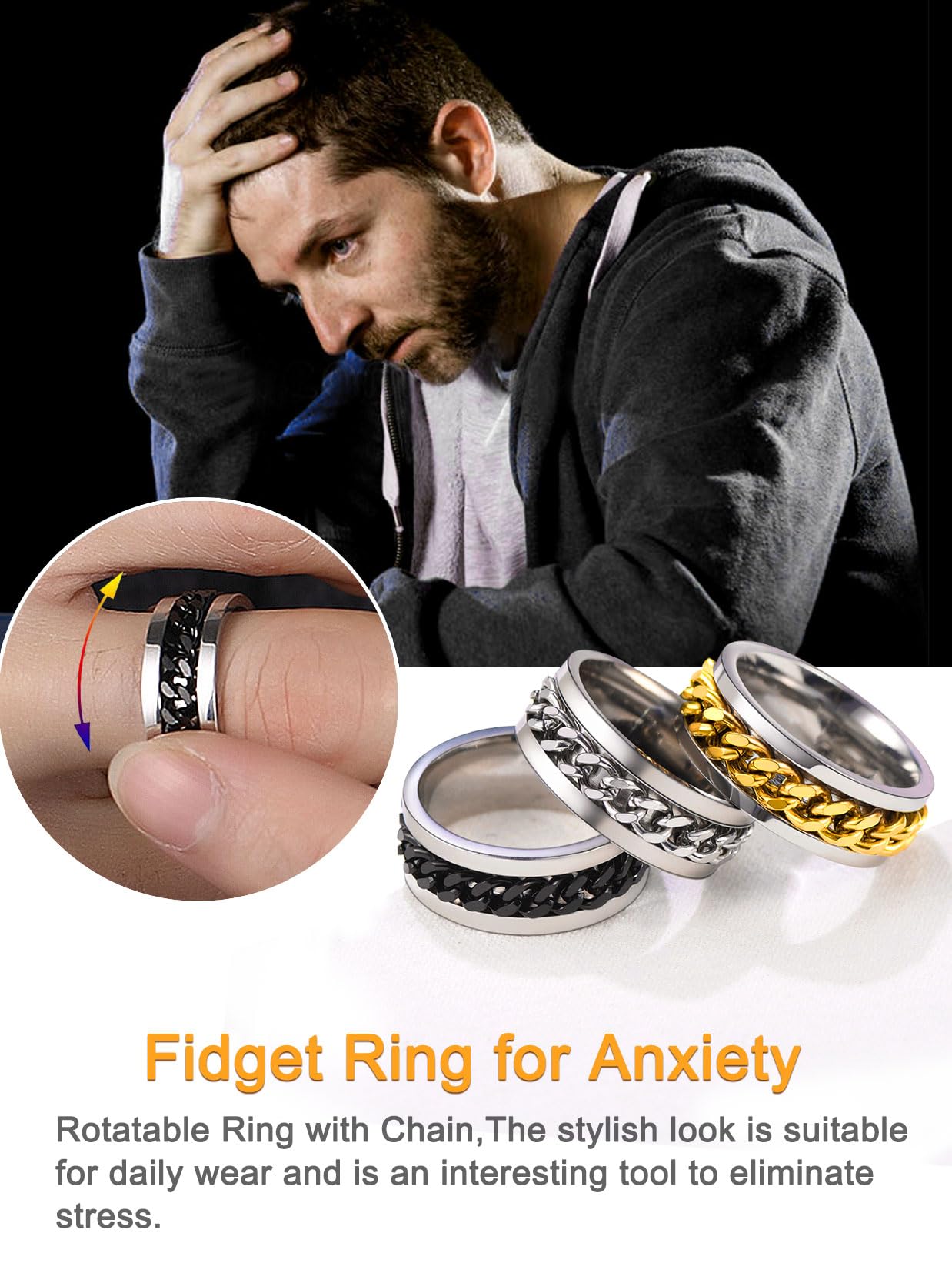 U7 Mens Women Stainless Steel 7mm Wide Band Ring, Hip Hop Thumb Rings Fashion Cuban Link Chain Rings, Size #6-#14 -Color Silver,Black,Gold