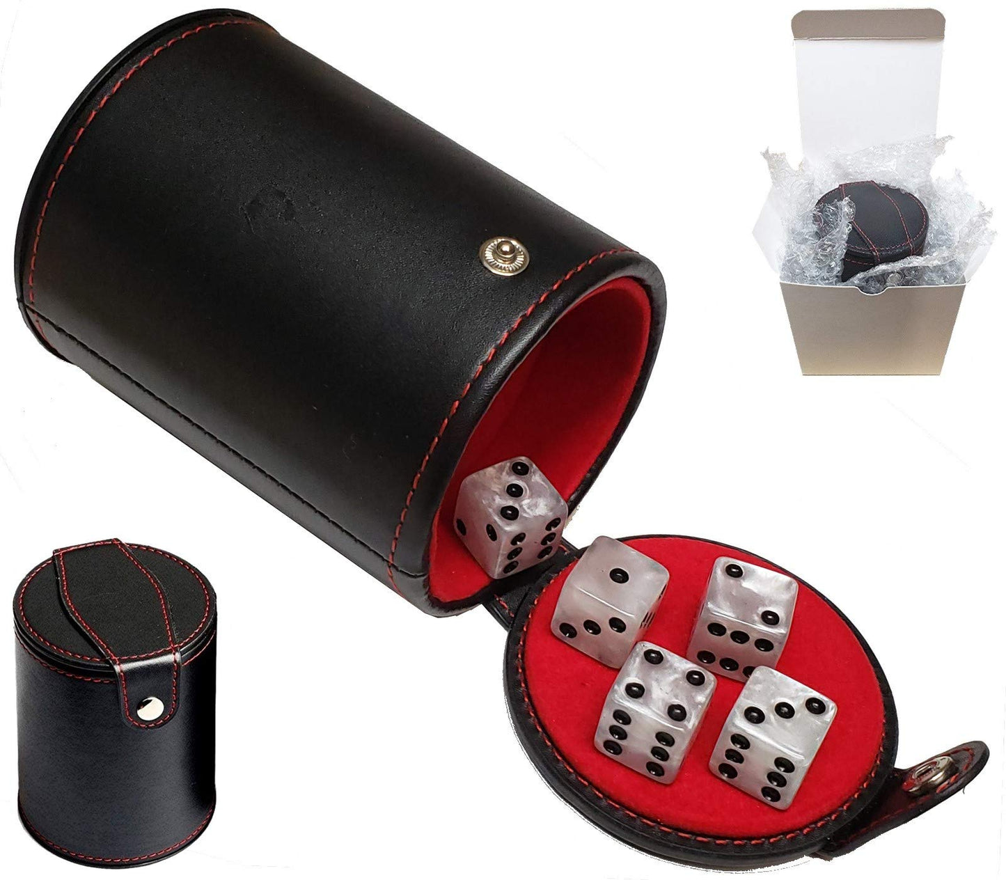Cyber-Deals Set of 16mm Marbleized Dice and Black PU Leather, Velvet Lined Dice Cup with Storage Compartment (Gift Boxed) (Pearl Dice, Black Lining Cup)