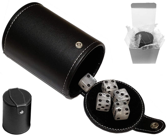 Cyber-Deals Set of 16mm Marbleized Dice and Black PU Leather, Velvet Lined Dice Cup with Storage Compartment (Gift Boxed) (Pearl Dice, Black Lining Cup)