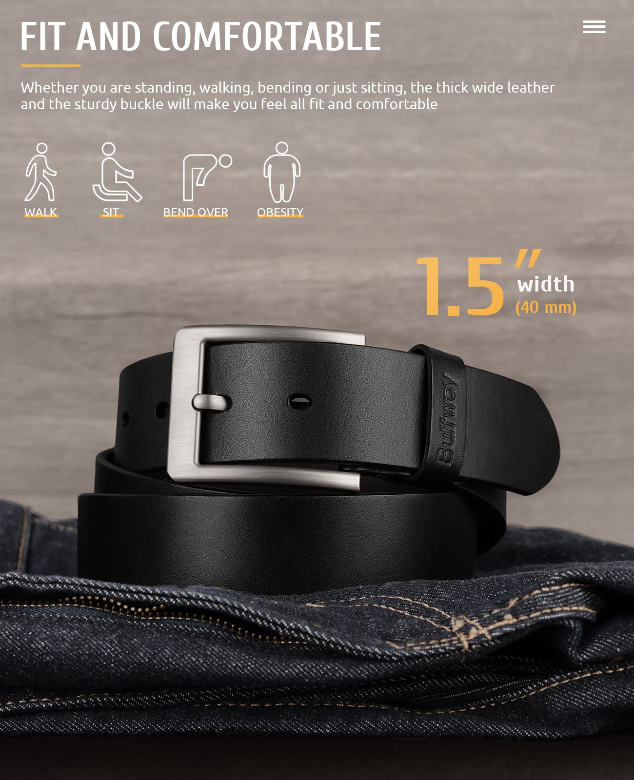 Buffway Minimalist 1.5" Full Grain Leather Belts for Men with Metal Buckle, Heavy Duty Mens Casual Belts in Gift Box