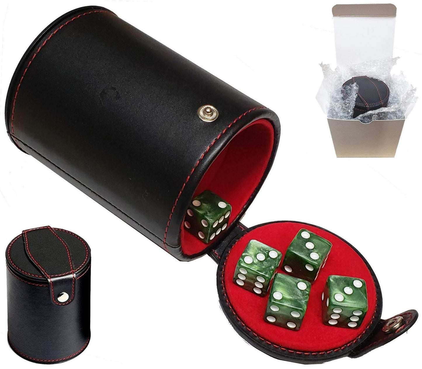 Cyber-Deals Set of 16mm Marbleized Dice and Black PU Leather, Velvet Lined Dice Cup with Storage Compartment (Gift Boxed) (Pearl Dice, Black Lining Cup)