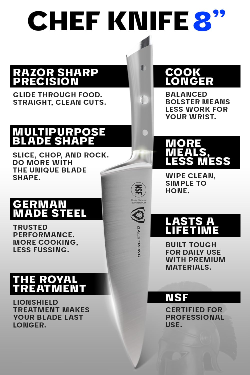 DALSTRONG Chef Knife - 8 inch Blade - Gladiator Series ELITE - Forged HC German Steel Chef's Knife - Razor Sharp Kitchen Knife - Professional Full Tang Knife - Black G10 Handle - Sheath -NSF Certified