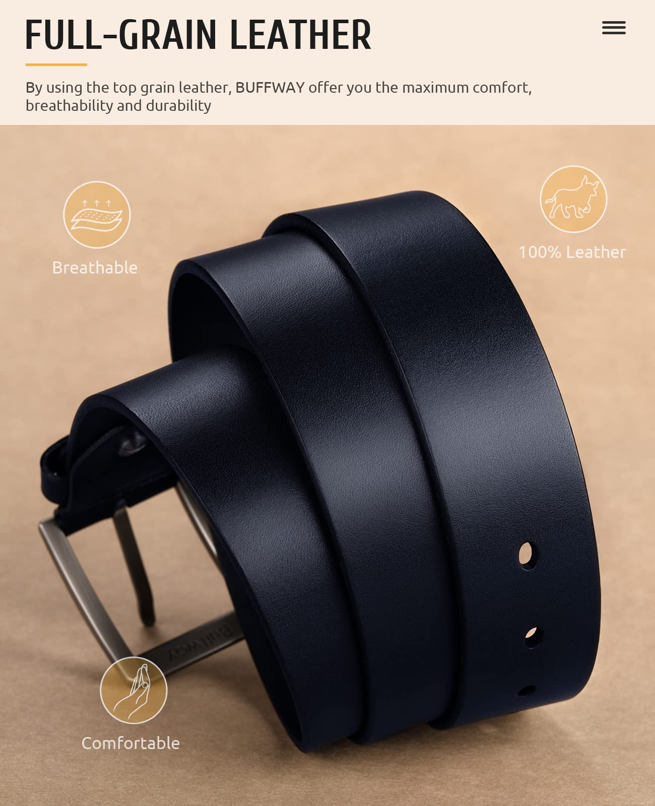 Buffway Minimalist 1.5" Full Grain Leather Belts for Men with Metal Buckle, Heavy Duty Mens Casual Belts in Gift Box
