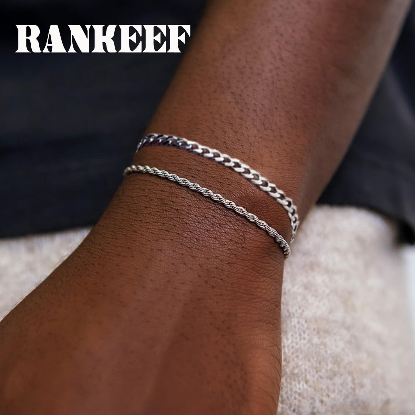 RANKEEF 2 Pcs Chain Bracelet for Men - 925 Sterling Silver Bracelet for Men 7-9inch Figaro Rope Cuban Link Bracelet Set for Men Gifts to Men Dad Husband Boyfriend