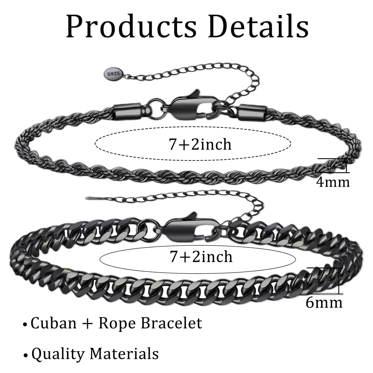 RANKEEF 2 Pcs Chain Bracelet for Men - 925 Sterling Silver Bracelet for Men 7-9inch Figaro Rope Cuban Link Bracelet Set for Men Gifts to Men Dad Husband Boyfriend