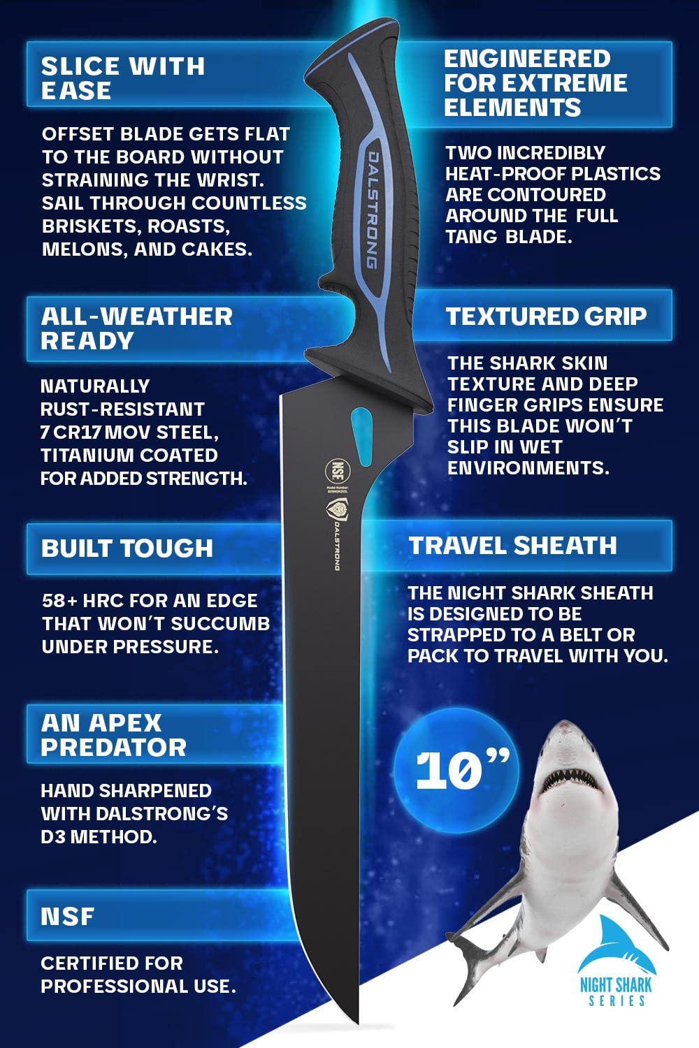 Dalstrong Slicing Knife - 12 inch - Night Shark Series - 7CR17MOV High Carbon Steel - Titanium Coated Blade - Outdoor & Fishing - Polypropylene Handle - Carving Knife - Nylon Sheath - NSF Certified