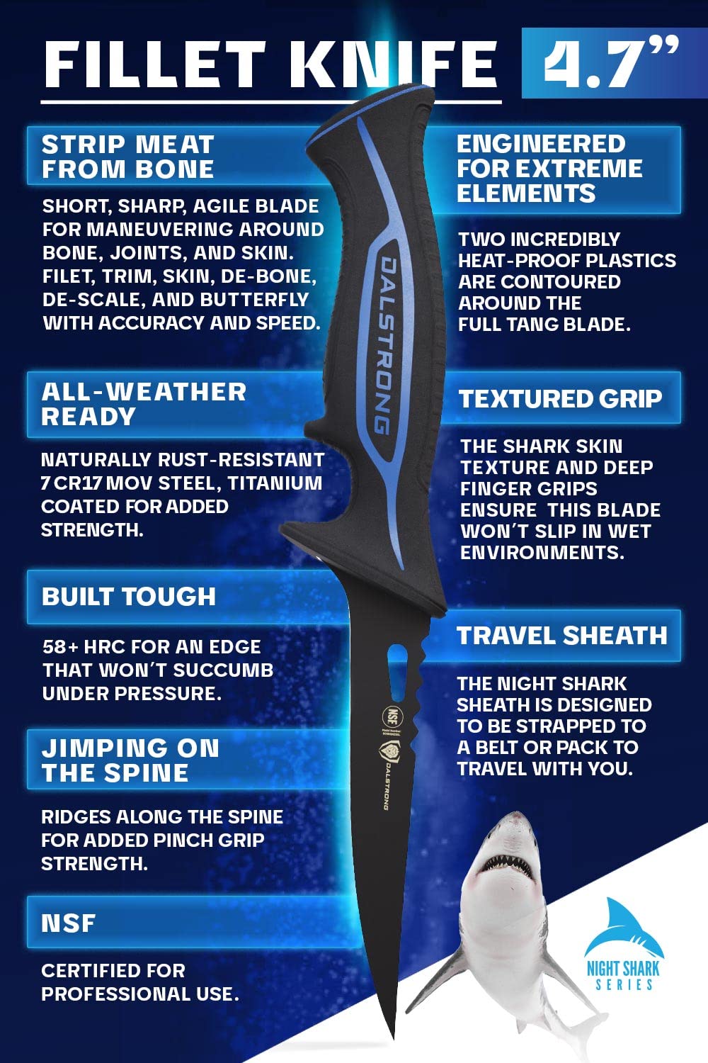 Dalstrong Slicing Knife - 12 inch - Night Shark Series - 7CR17MOV High Carbon Steel - Titanium Coated Blade - Outdoor & Fishing - Polypropylene Handle - Carving Knife - Nylon Sheath - NSF Certified