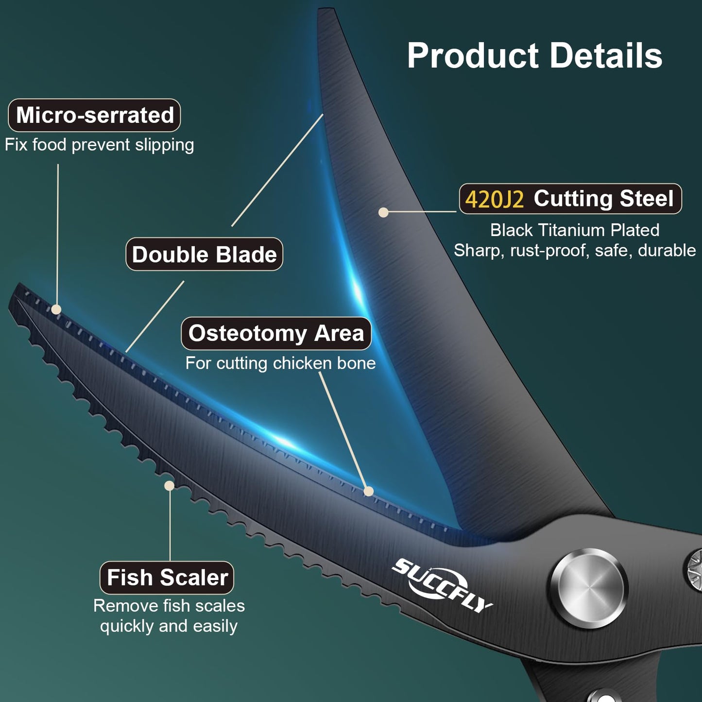 Kitchen Shears Heavy Duty, Premium Kitchen Scissors Stainless Steel, 8.8" Poultry Shears Ultra Sharp for Bone Chicken Meat, Food Scissors Anti-Slip Handle, Black Titanium Plated, Spring Loaded