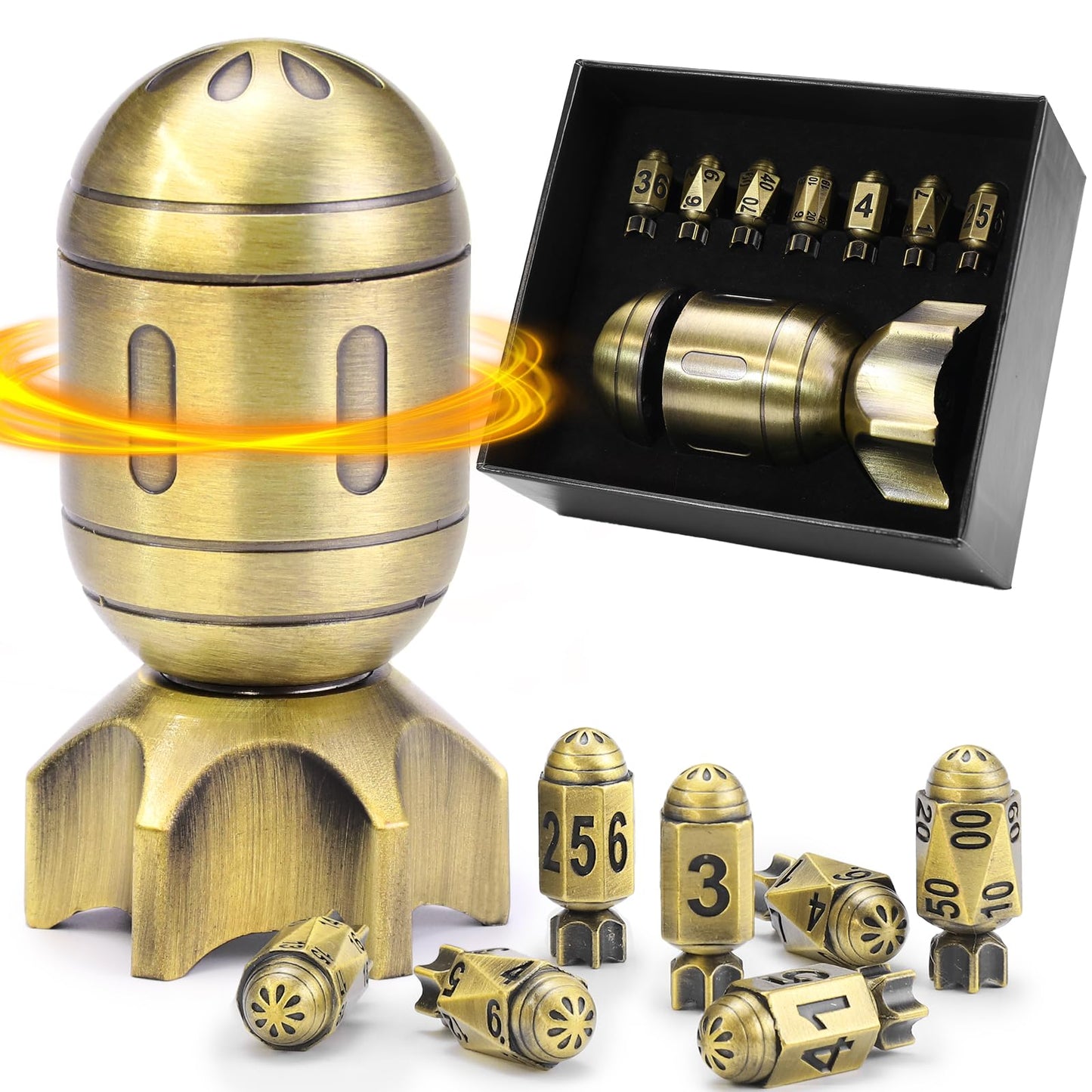ZHOORQI DND Metal Dice Set with Spinning Missile Dice Container, Bullet Dice Cyberpunk Polyhedral Dice for Warhammer 40K, RPG, D&D Gifts（Retro Bronze）
