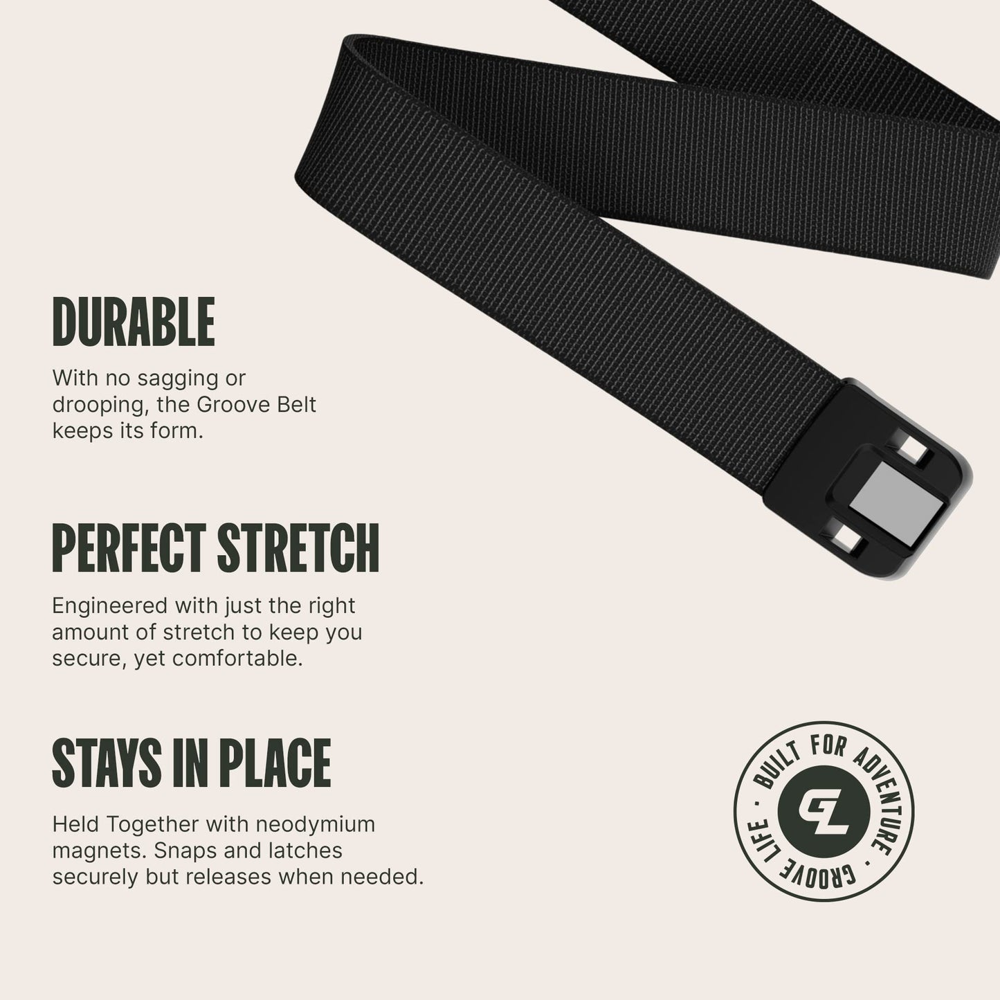 Groove Life Groove Belt Low Profile - Men's Stretch Nylon Belt with Magnetic Aluminum Buckle, Lifetime Coverage