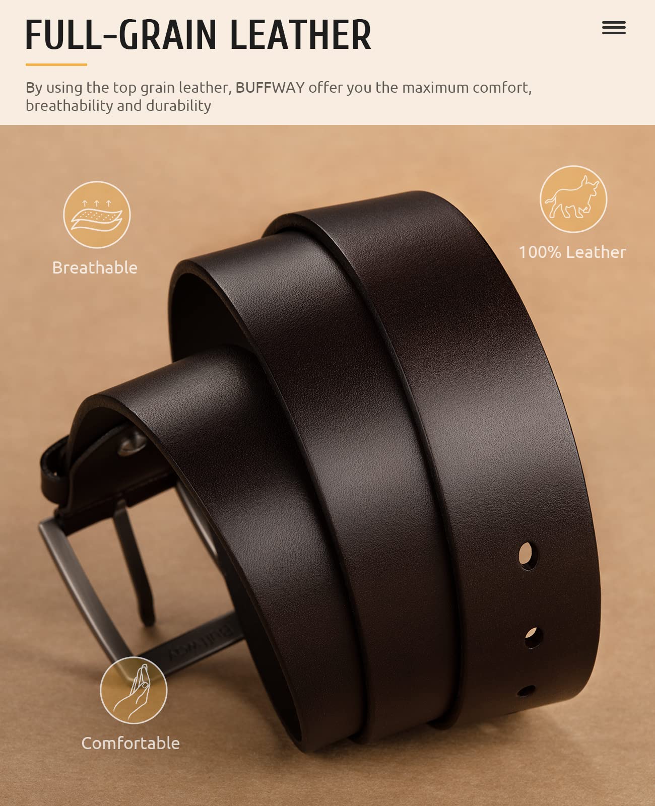 Buffway Minimalist 1.5" Full Grain Leather Belts for Men with Metal Buckle, Heavy Duty Mens Casual Belts in Gift Box