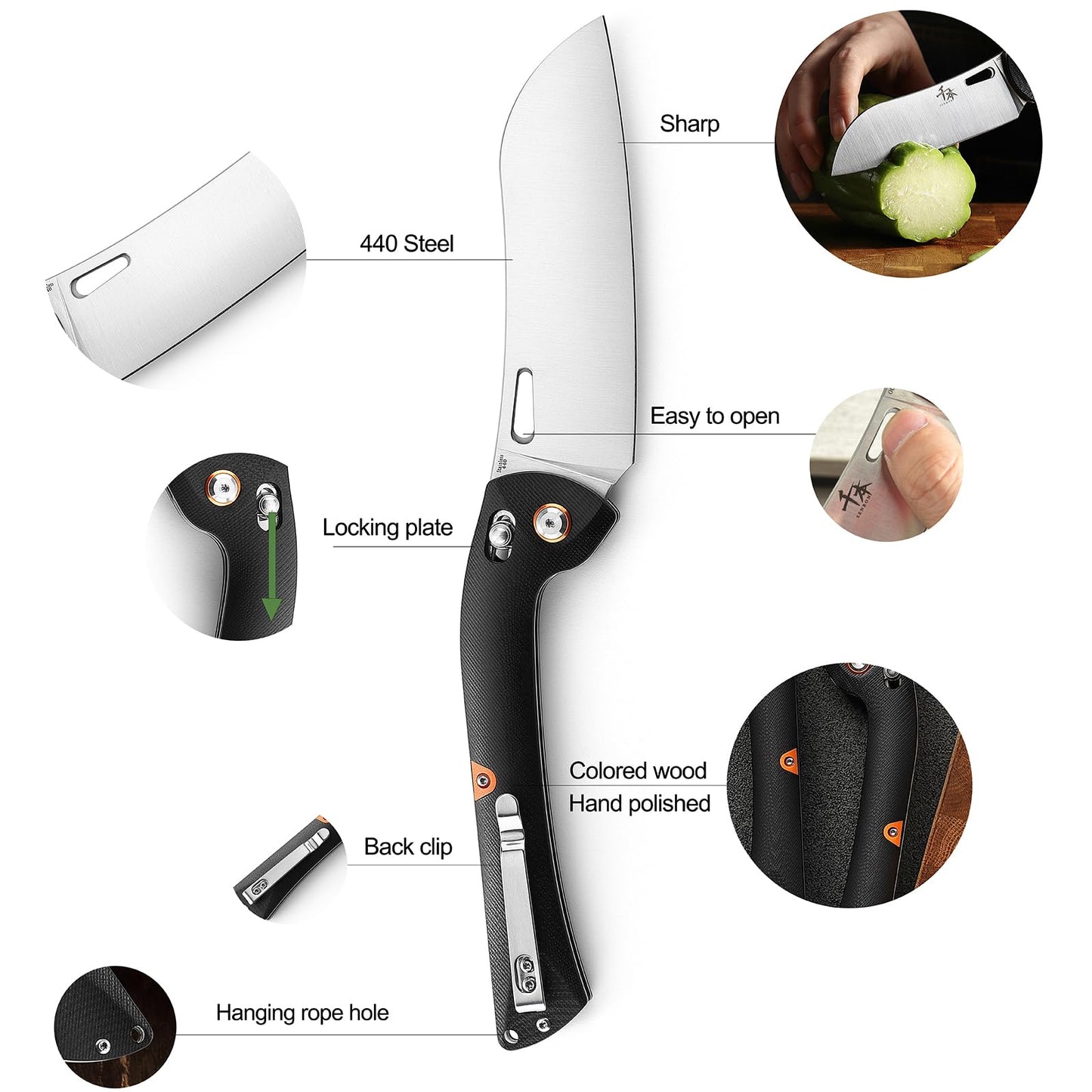 SENBON 440 Stainless Steel Lightweight Ultra Sharp Pocket Folding Chef Knife Peeling Utility Knife Fruit Knife g10 Handle with Back Clip