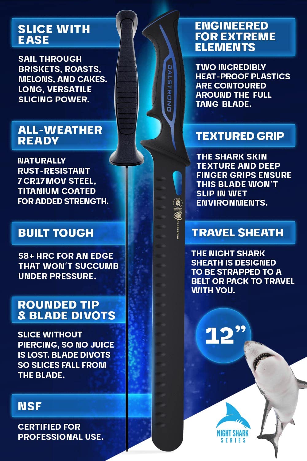 Dalstrong Slicing Knife - 12 inch - Night Shark Series - 7CR17MOV High Carbon Steel - Titanium Coated Blade - Outdoor & Fishing - Polypropylene Handle - Carving Knife - Nylon Sheath - NSF Certified