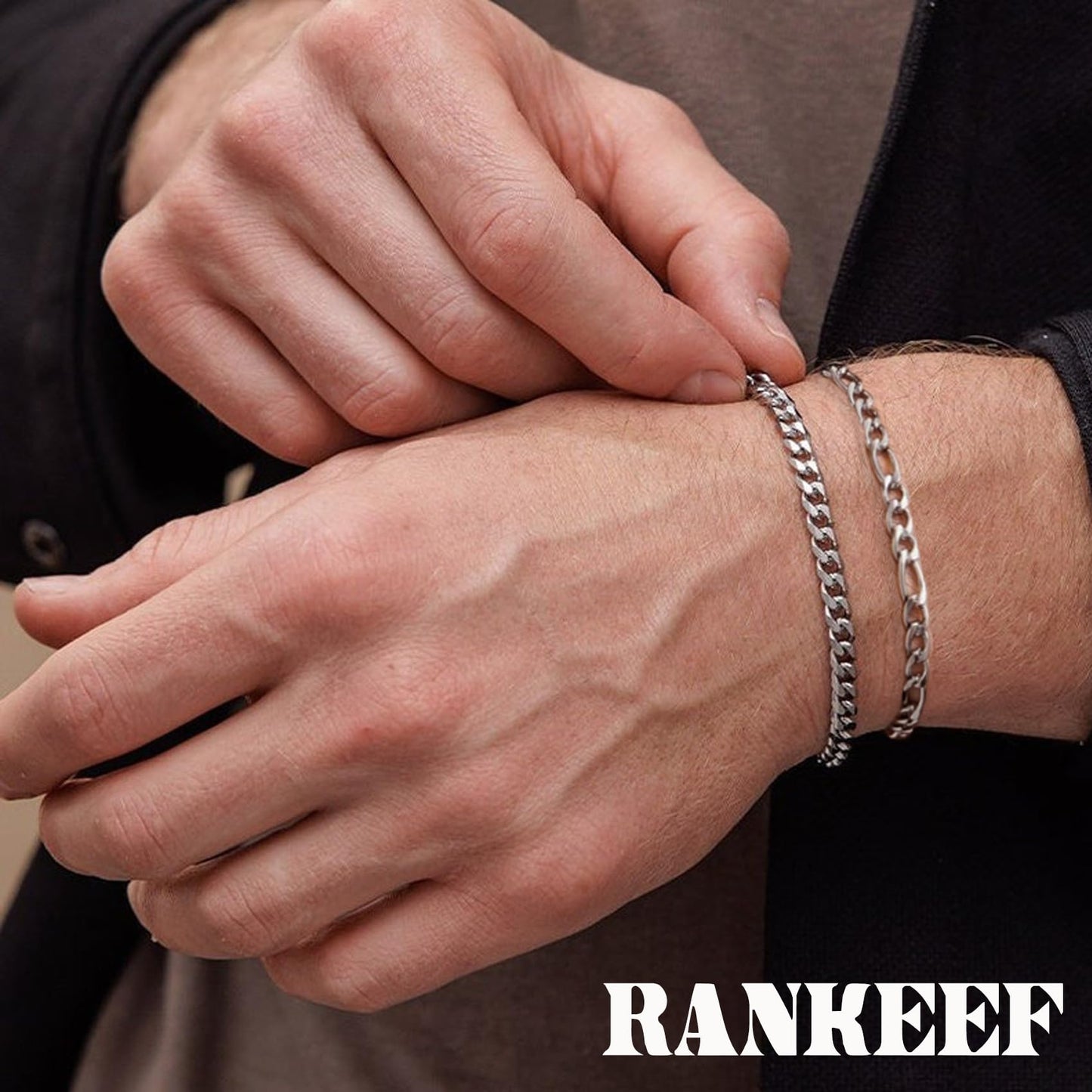 RANKEEF 2 Pcs Chain Bracelet for Men - 925 Sterling Silver Bracelet for Men 7-9inch Figaro Rope Cuban Link Bracelet Set for Men Gifts to Men Dad Husband Boyfriend