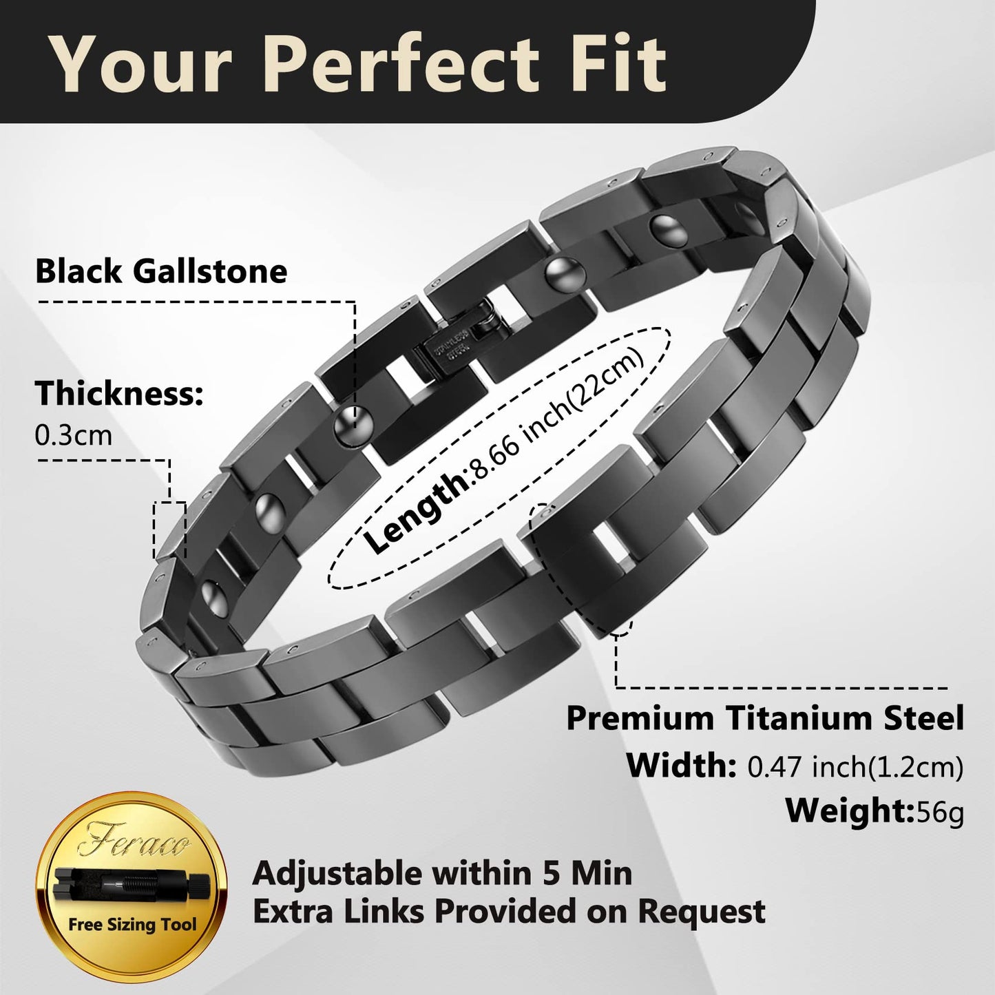 Feraco Magnetic Bracelets for Men Sleek Titanium Stainless Steel Magnetic Bracelet with Sizing Tool, Jewelry Gifts for Men (Silver)