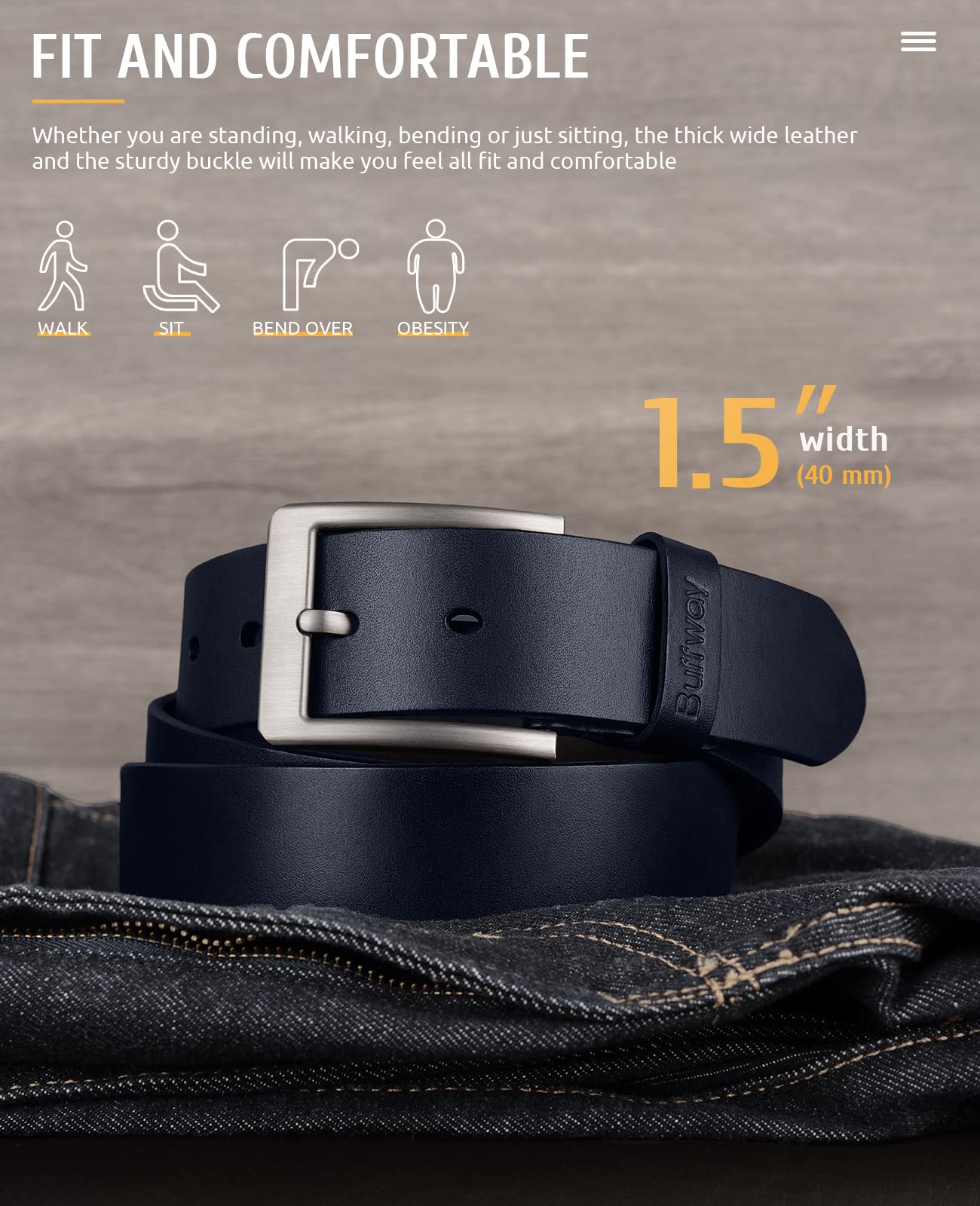 Buffway Minimalist 1.5" Full Grain Leather Belts for Men with Metal Buckle, Heavy Duty Mens Casual Belts in Gift Box