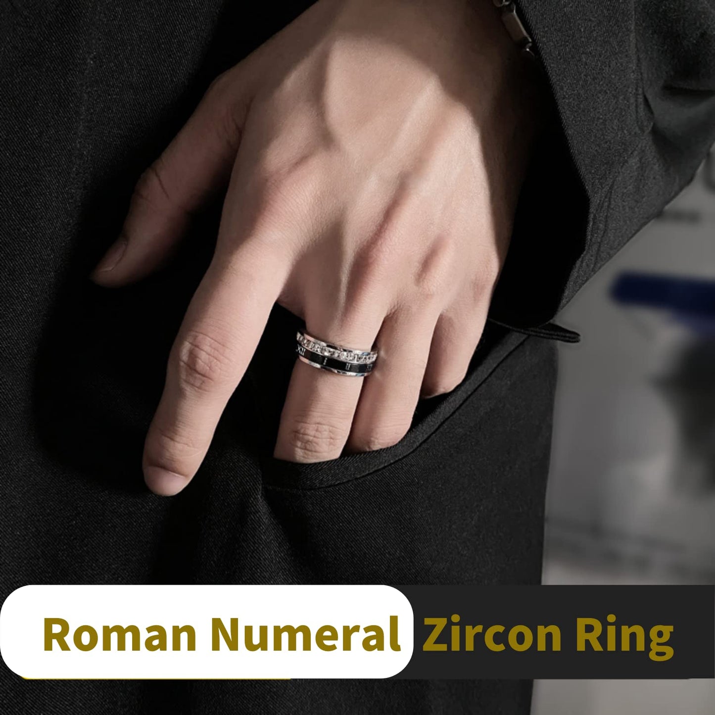 18K Gold Plated Roman Numeral Cubic Zirconia Ring for Women, Square CZ Gold Rings for Men, Spinner Silver Mens Rings Stainless Steel Size 5-13