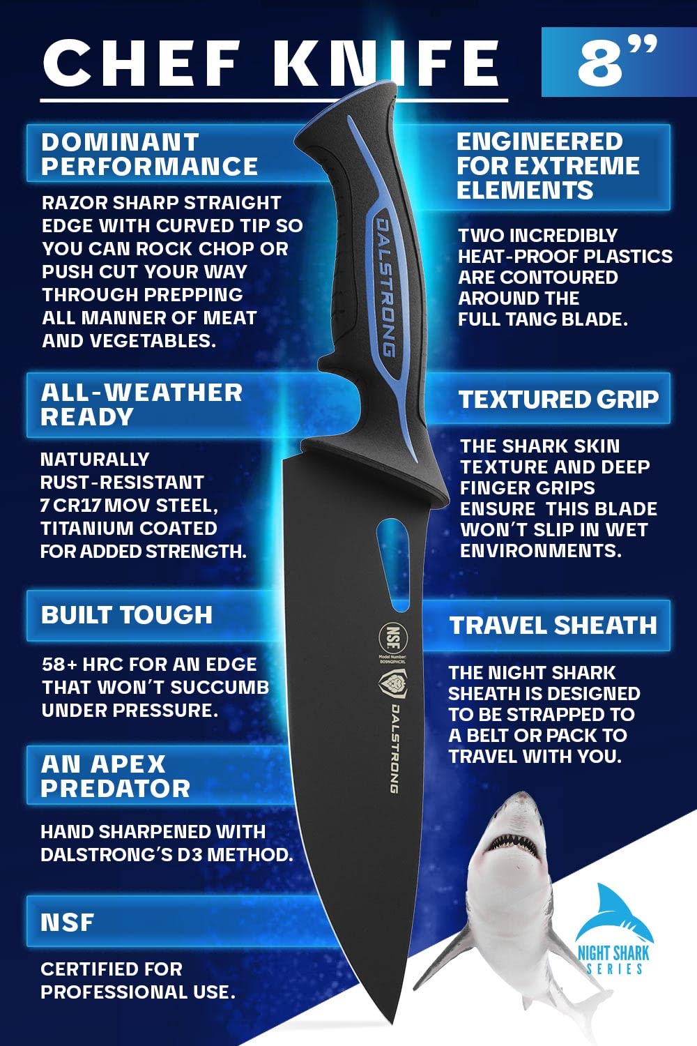 Dalstrong Slicing Knife - 12 inch - Night Shark Series - 7CR17MOV High Carbon Steel - Titanium Coated Blade - Outdoor & Fishing - Polypropylene Handle - Carving Knife - Nylon Sheath - NSF Certified