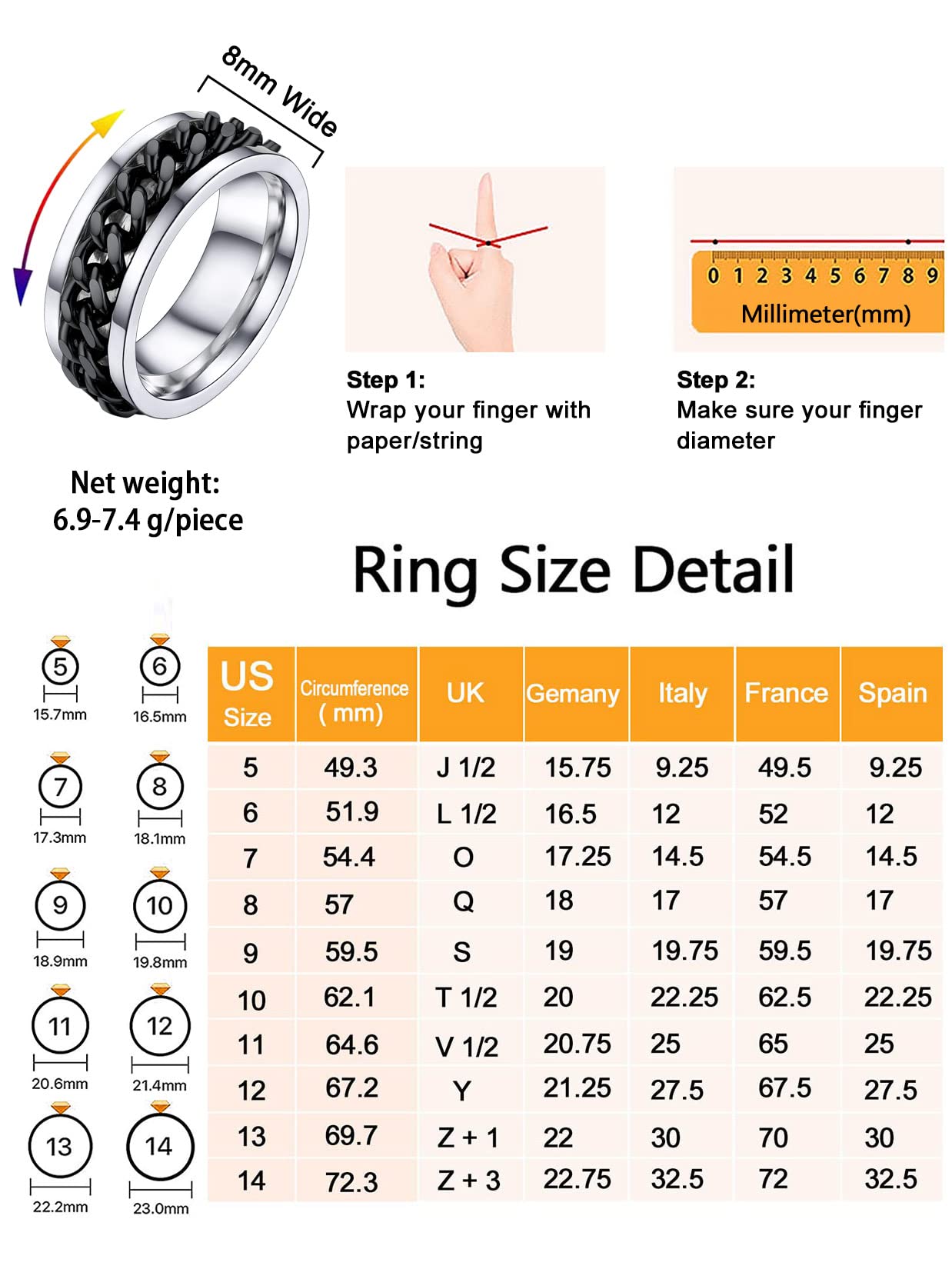 U7 Mens Women Stainless Steel 7mm Wide Band Ring, Hip Hop Thumb Rings Fashion Cuban Link Chain Rings, Size #6-#14 -Color Silver,Black,Gold