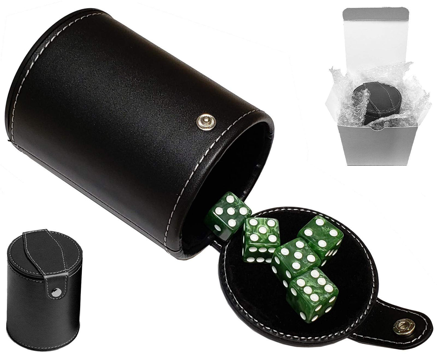 Cyber-Deals Set of 16mm Marbleized Dice and Black PU Leather, Velvet Lined Dice Cup with Storage Compartment (Gift Boxed) (Pearl Dice, Black Lining Cup)