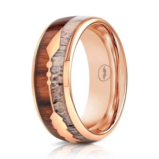 Men's Rose Gold Tungsten Carbide Wedding Band- Premium Tungsten Ring With Deer Antler, Koa Wood & Gold Arrow Inlay - Includes Silicon Band, Leather Drawstring Pouch & Luxury Walnut Ring Box