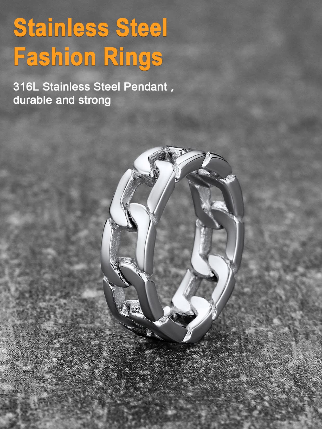 U7 Mens Women Stainless Steel 7mm Wide Band Ring, Hip Hop Thumb Rings Fashion Cuban Link Chain Rings, Size #6-#14 -Color Silver,Black,Gold