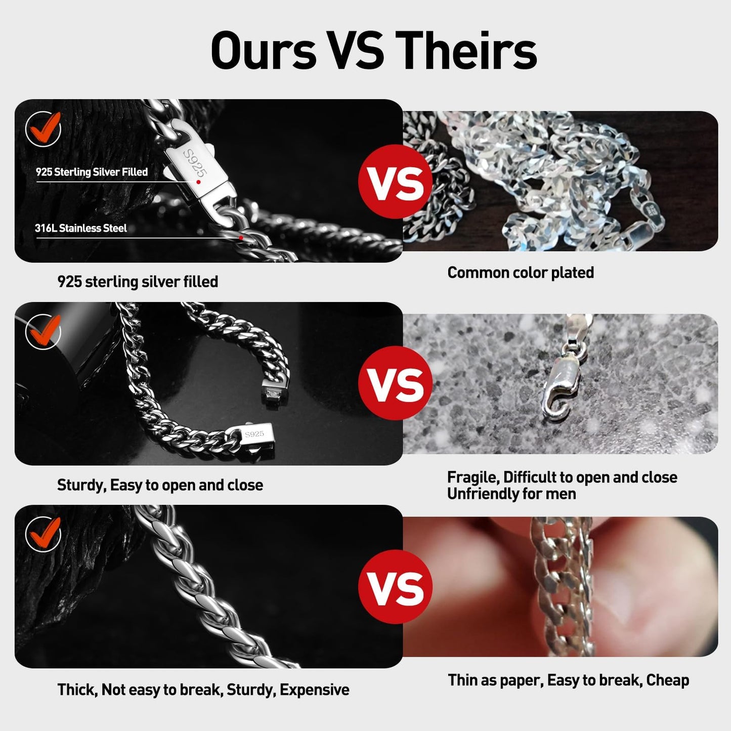 7mm Miami Cuban Link Chain Necklace for Men And Women, 316l Stainless Steel And 925 Sterling Silver Filled, Available In 16/18/20/22/24/26/28/30 Inches Silver Chain for Men Necklace