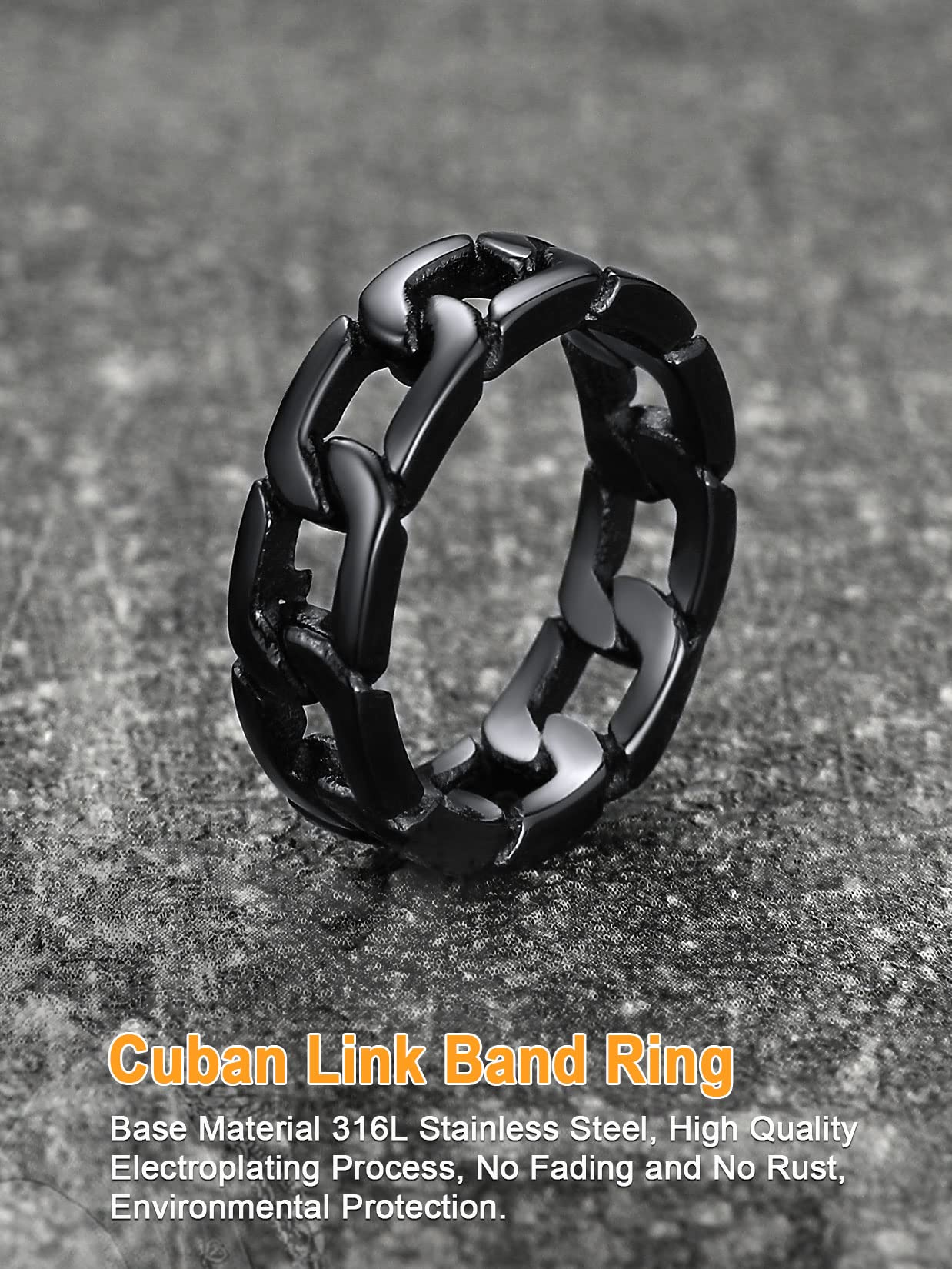 U7 Mens Women Stainless Steel 7mm Wide Band Ring, Hip Hop Thumb Rings Fashion Cuban Link Chain Rings, Size #6-#14 -Color Silver,Black,Gold