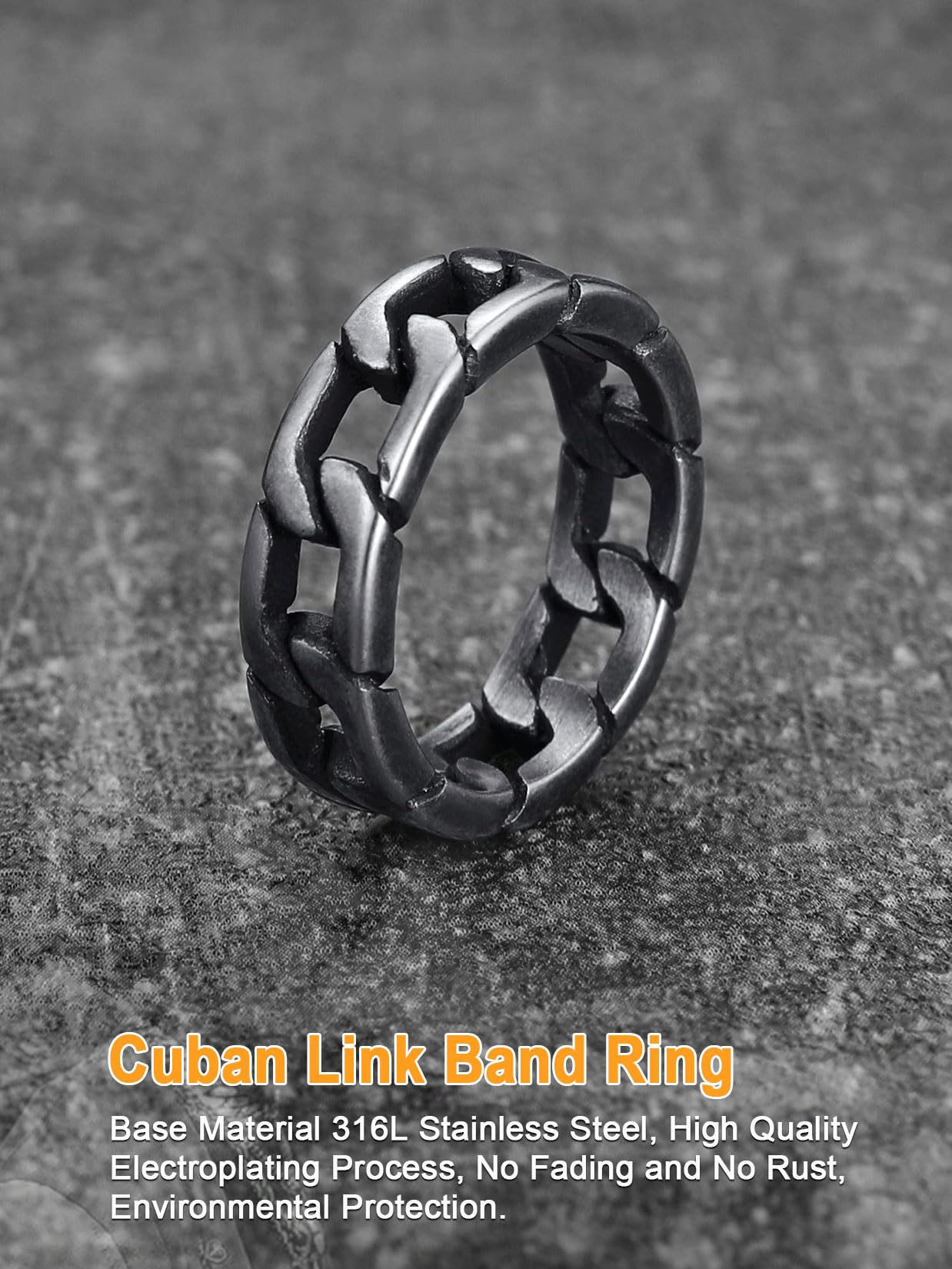 U7 Mens Women Stainless Steel 7mm Wide Band Ring, Hip Hop Thumb Rings Fashion Cuban Link Chain Rings, Size #6-#14 -Color Silver,Black,Gold